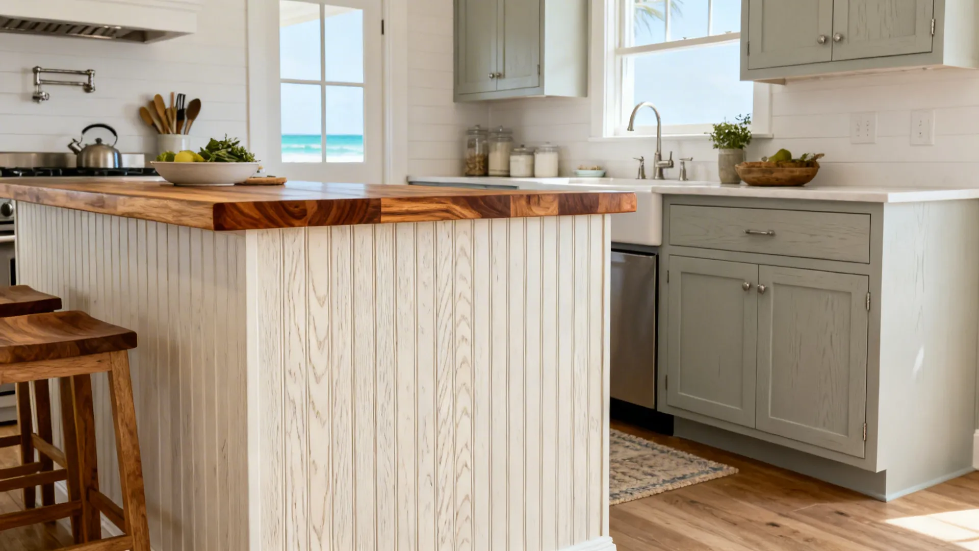 Coastal kitchen with ribbed white oak panels and a teak butcher block ledge balancing white cabinetry.