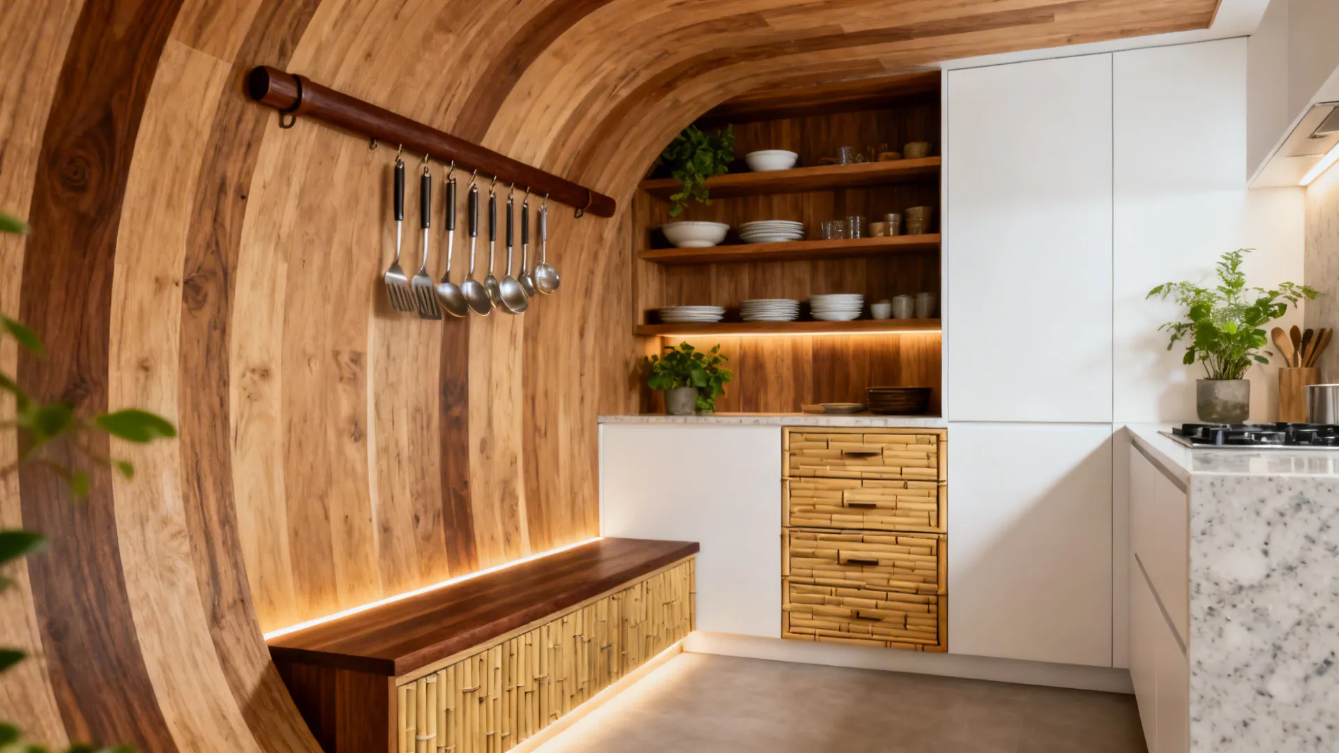 Long narrow kitchen with walnut rail, oak shelves, and bamboo drawer fronts