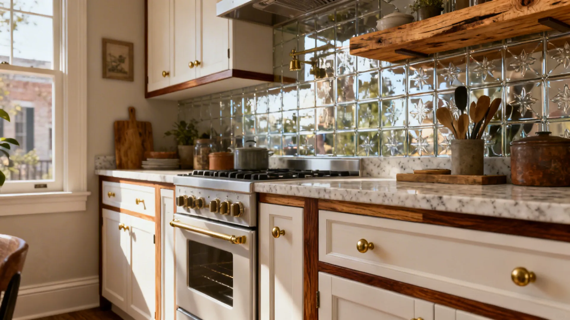 Light cabinets paired with sealed cypress shelves and walnut rails in a small New Orleans kitchen.