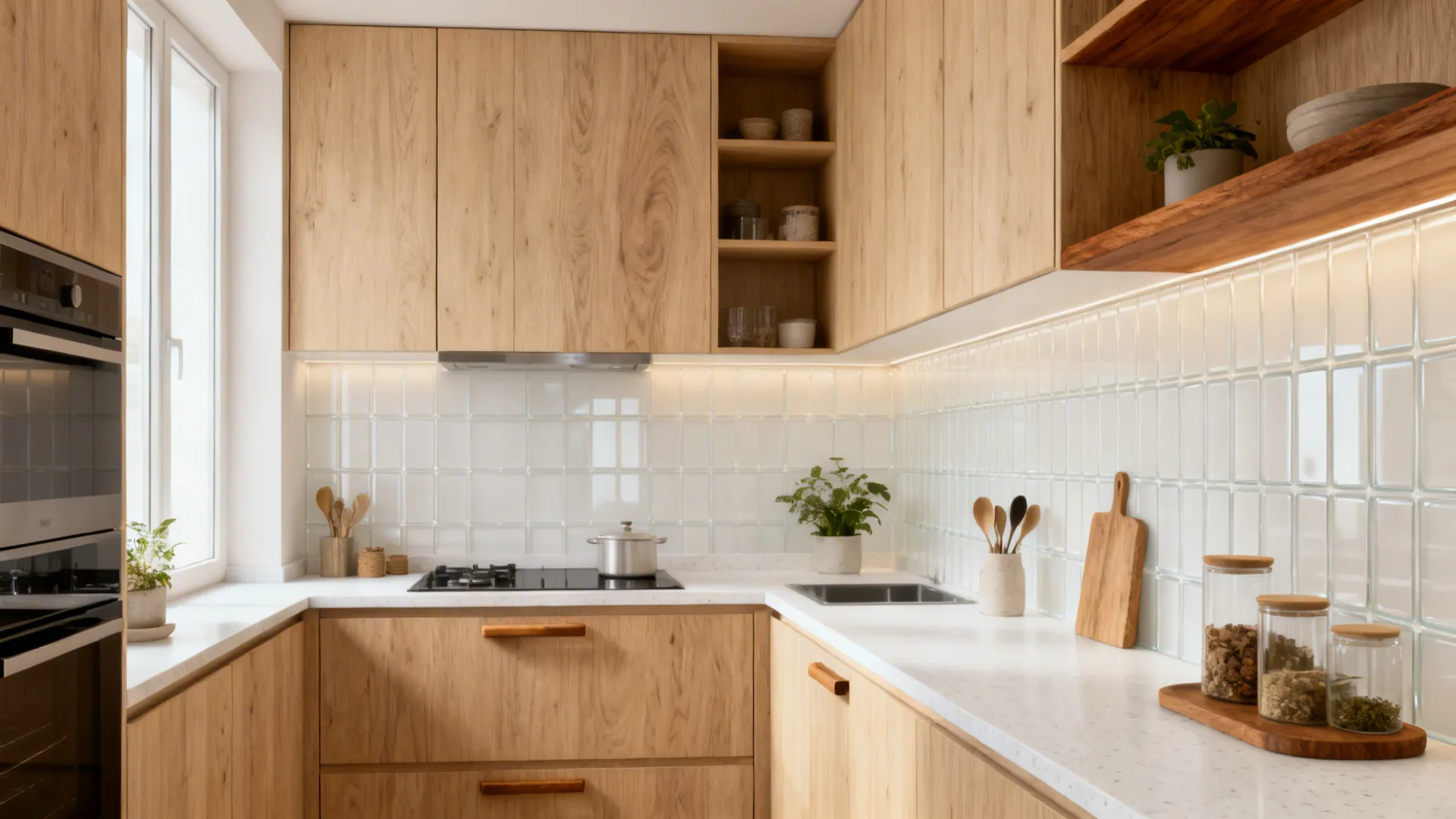 Small minimalist kitchen with pale oak fronts, quartz counters, and a neutral glass backsplash.