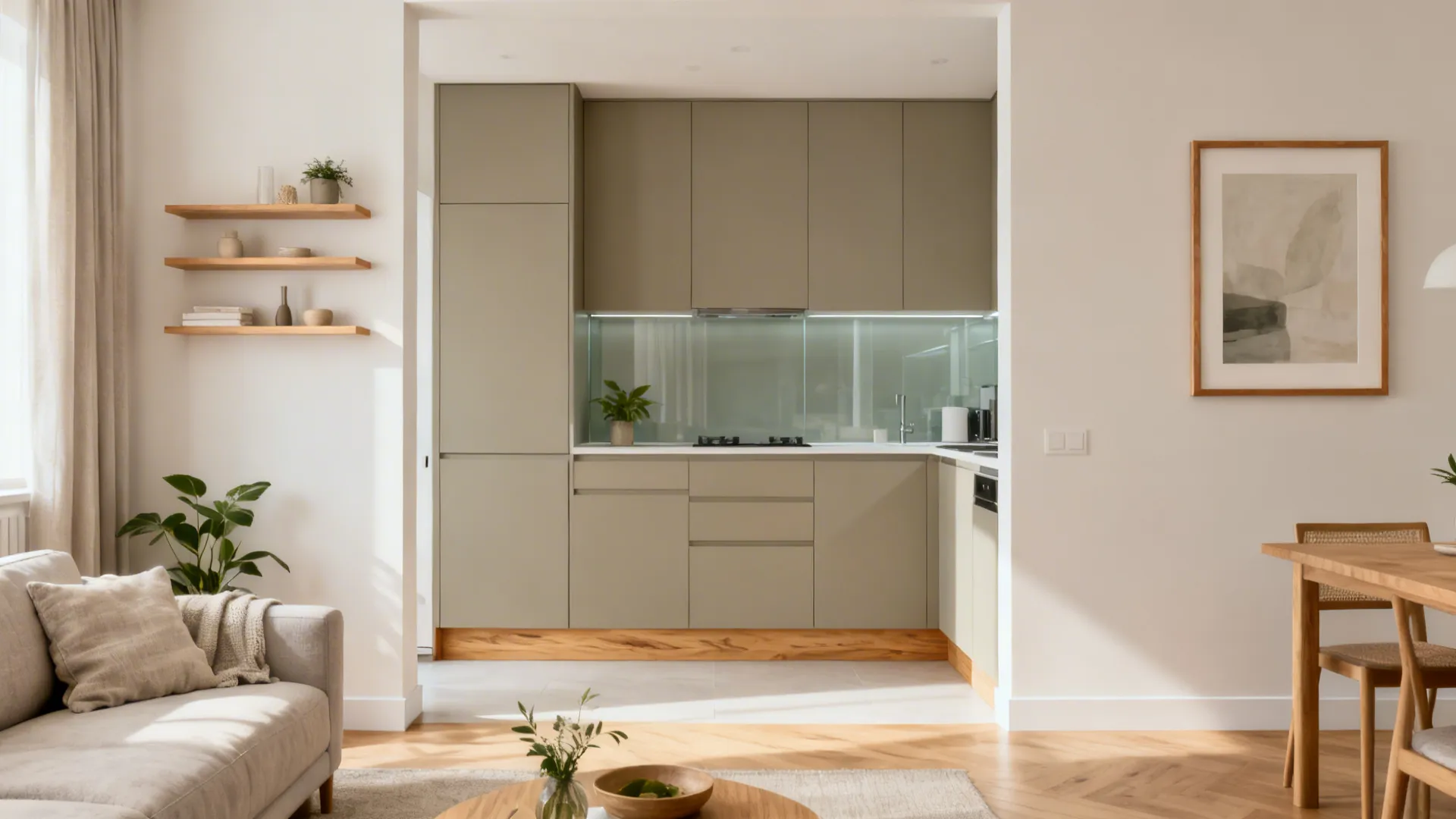 Open small kitchen-living-dining with white-oak accents, greige cabinets, and a glass backsplash.