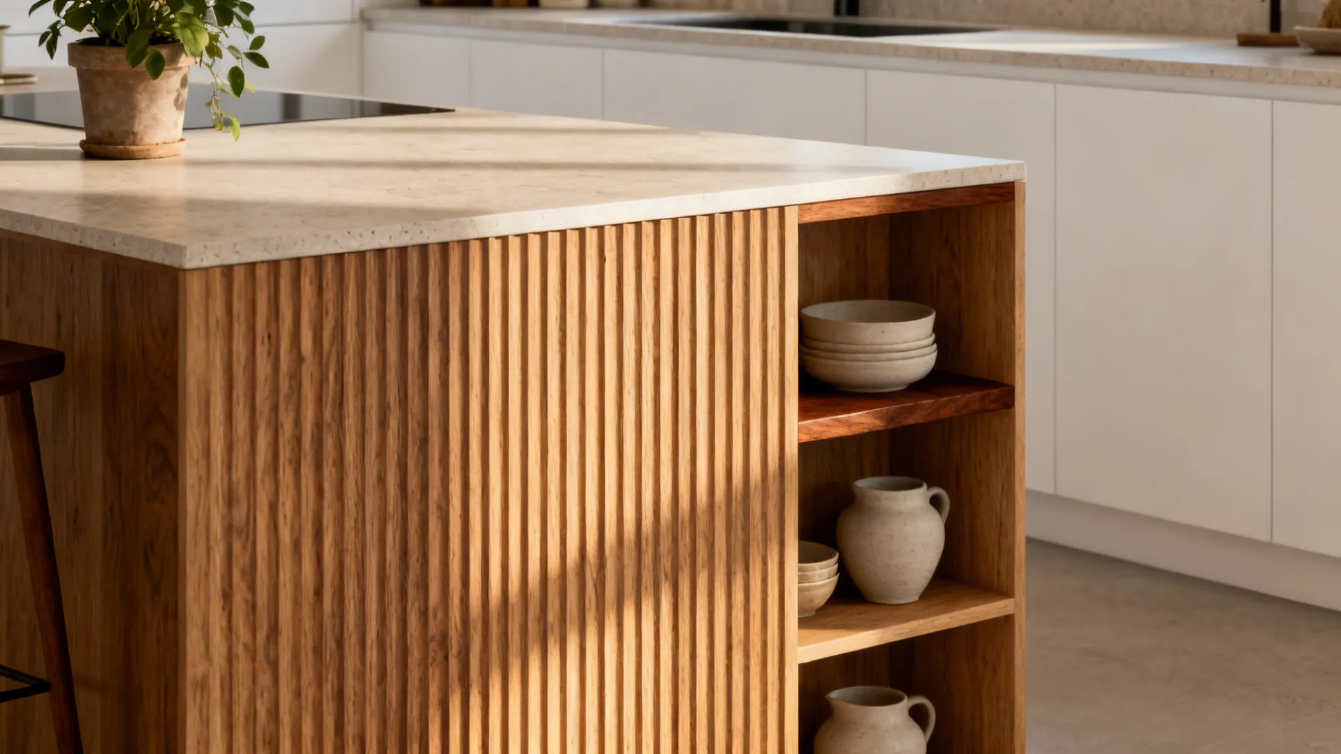 Minimal kitchen with fluted oak panel and walnut-edged open shelf adding warmth.