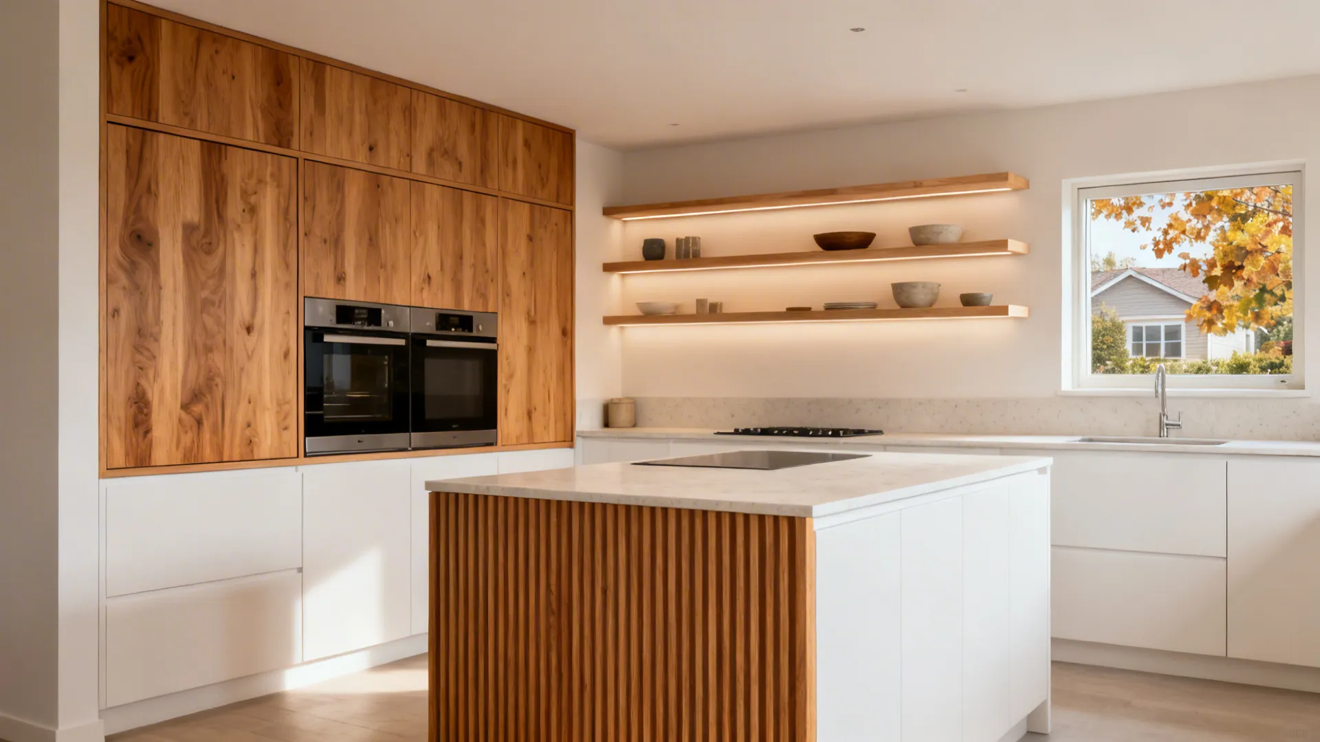 Airy kitchen with white cabinets and light oak shelves, ribbed oak island detail, and subtle lighting.