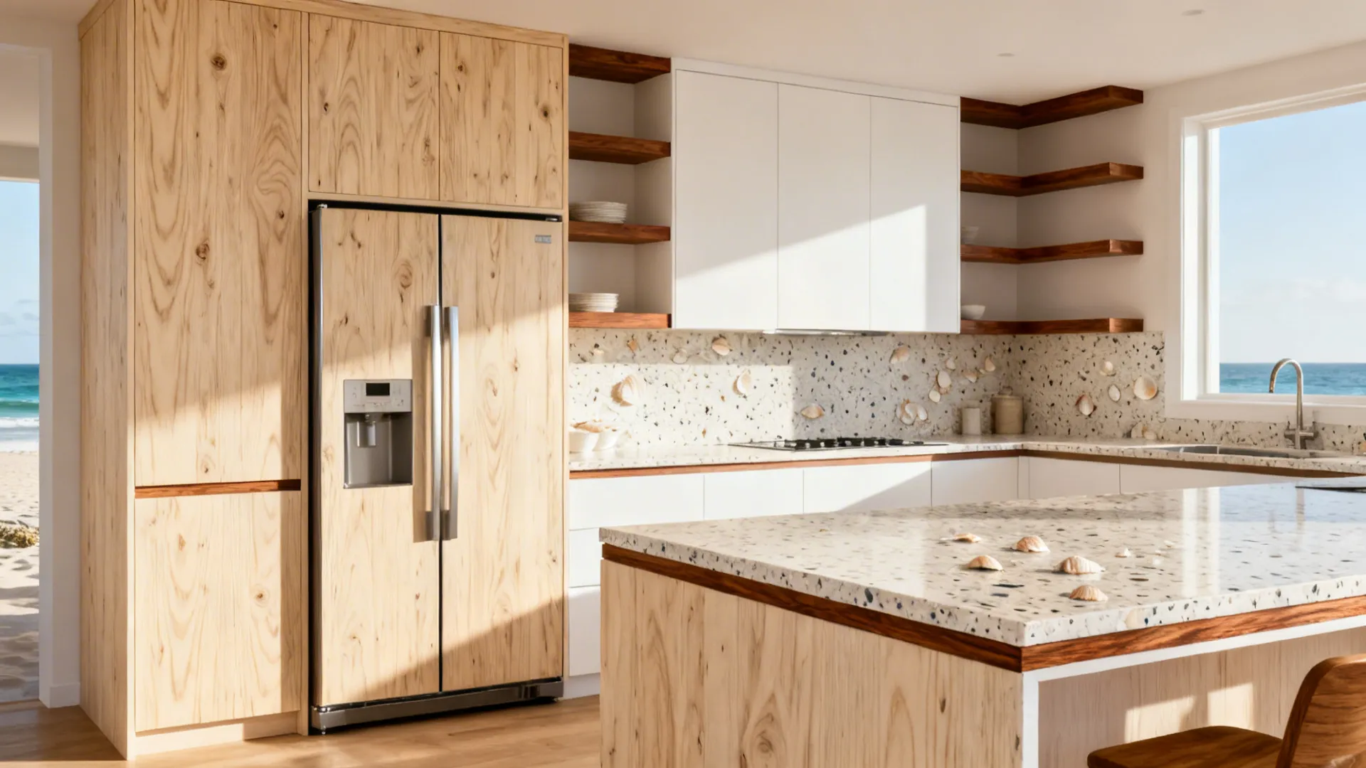 Coastal kitchen with white oak panels around the fridge and walnut-trimmed open shelves.