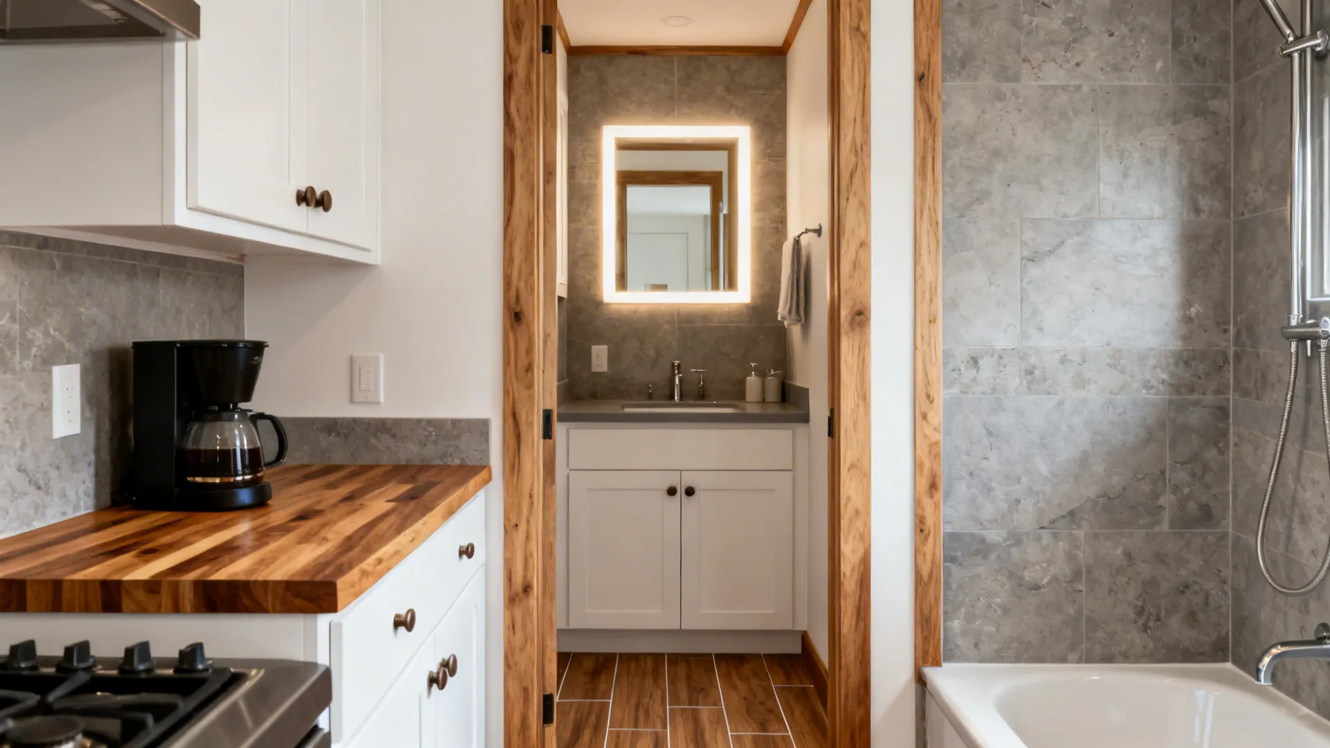 Small kitchen and bath with white-oak trims, wood-look tile floor, and butcher-block zone.