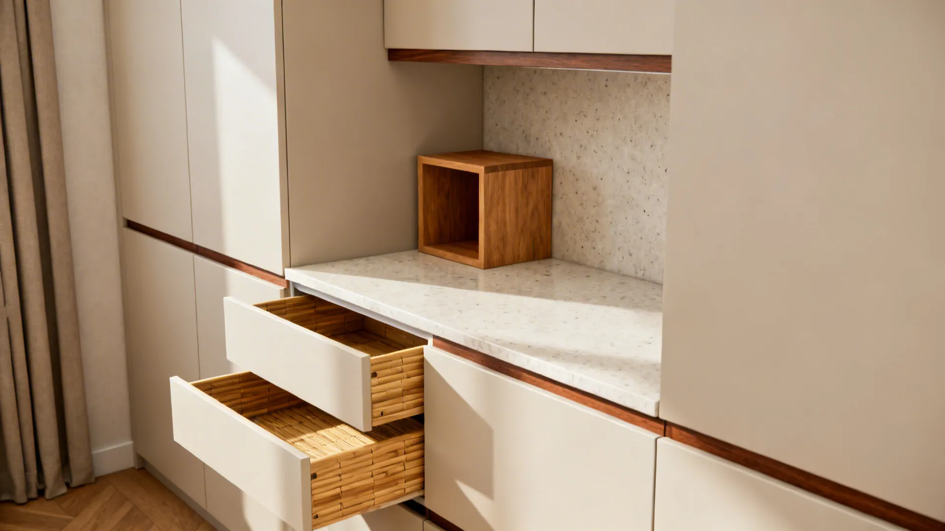 Small minimalist kitchen with light slab cabinets and warm wood niche and details.