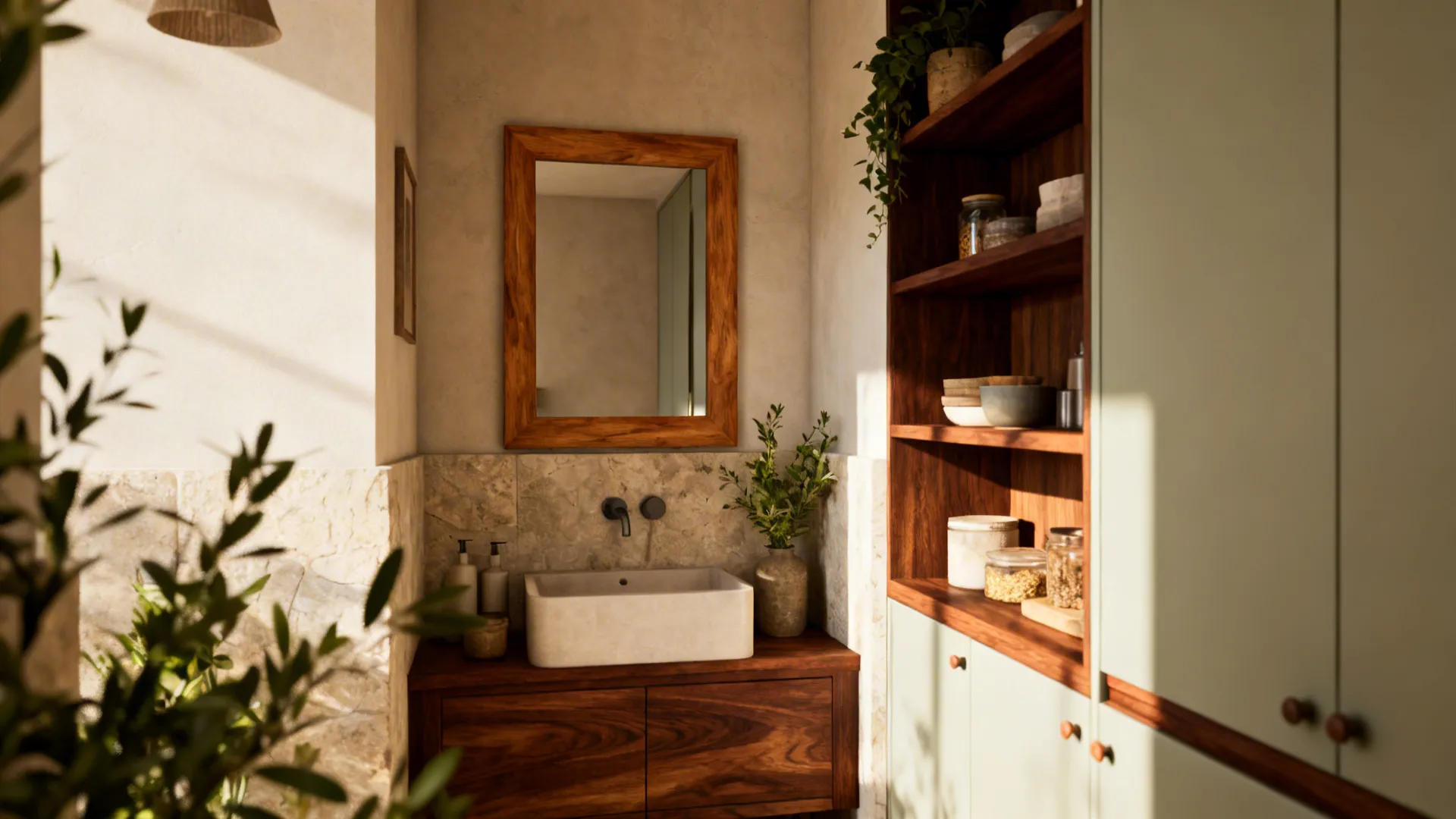 Kitchen shelf with walnut trim and an oak-framed bathroom mirror adding warmth.
