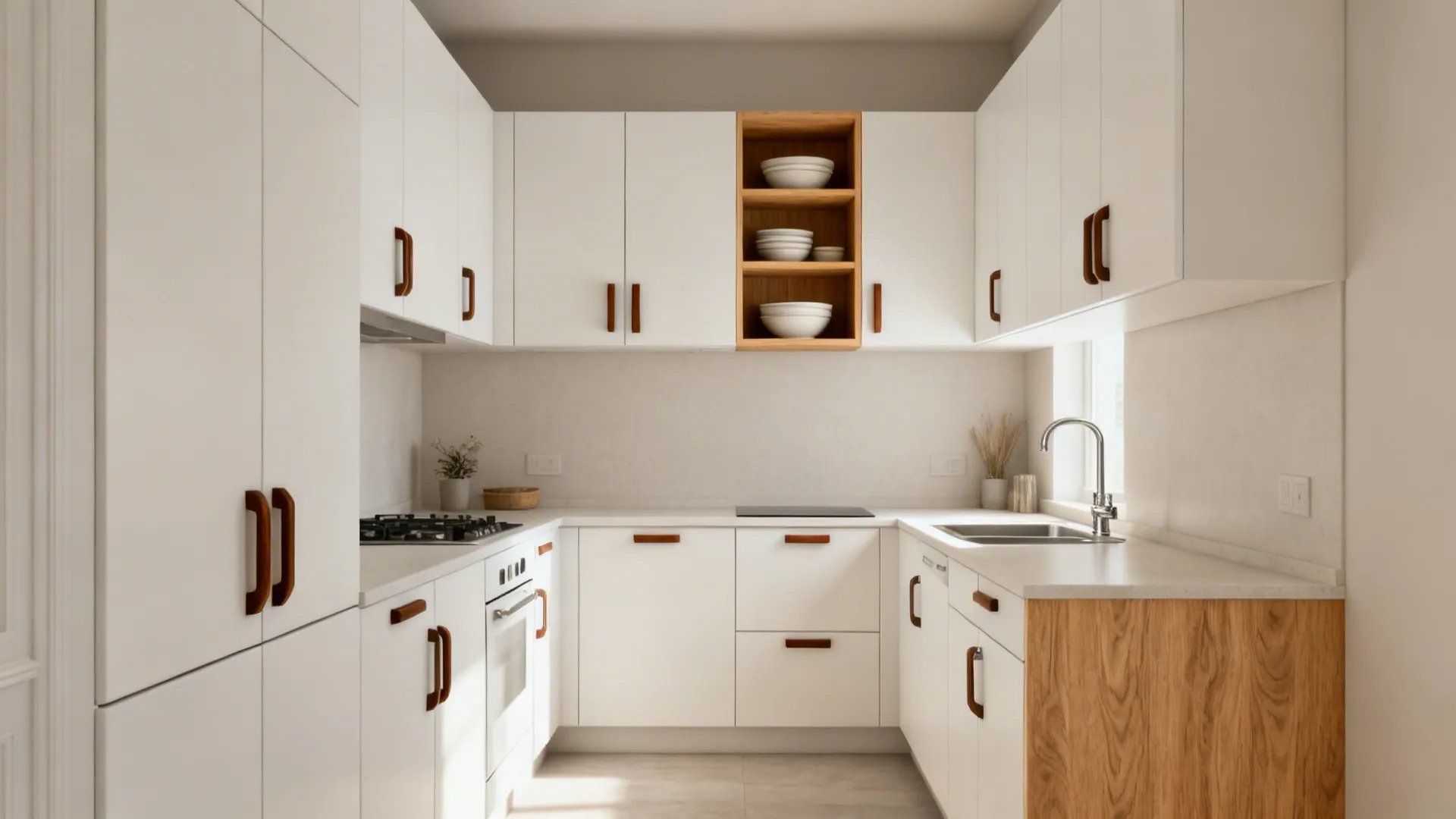 Matte white apartment cabinets with walnut pulls, an oak end panel, and a maple open shelf for warmth.