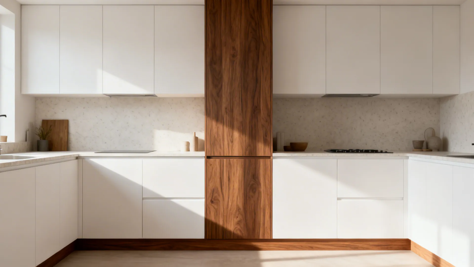White kitchen with a walnut mid-height tower and wood toe-kick adding warmth without visual heaviness.