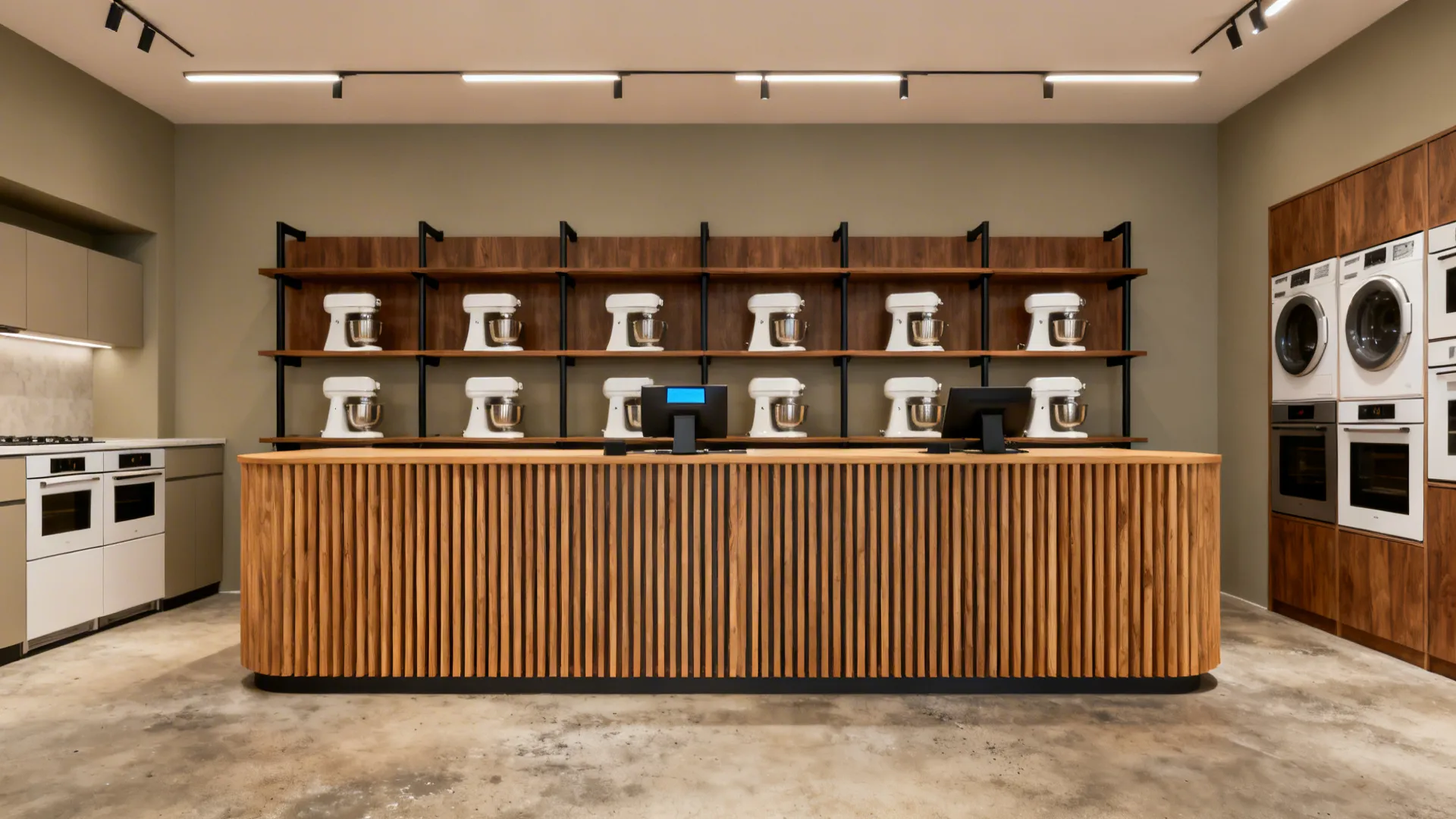 Modern appliance store showroom with wooden counter, white mixers on shelves, and built-in washing machines