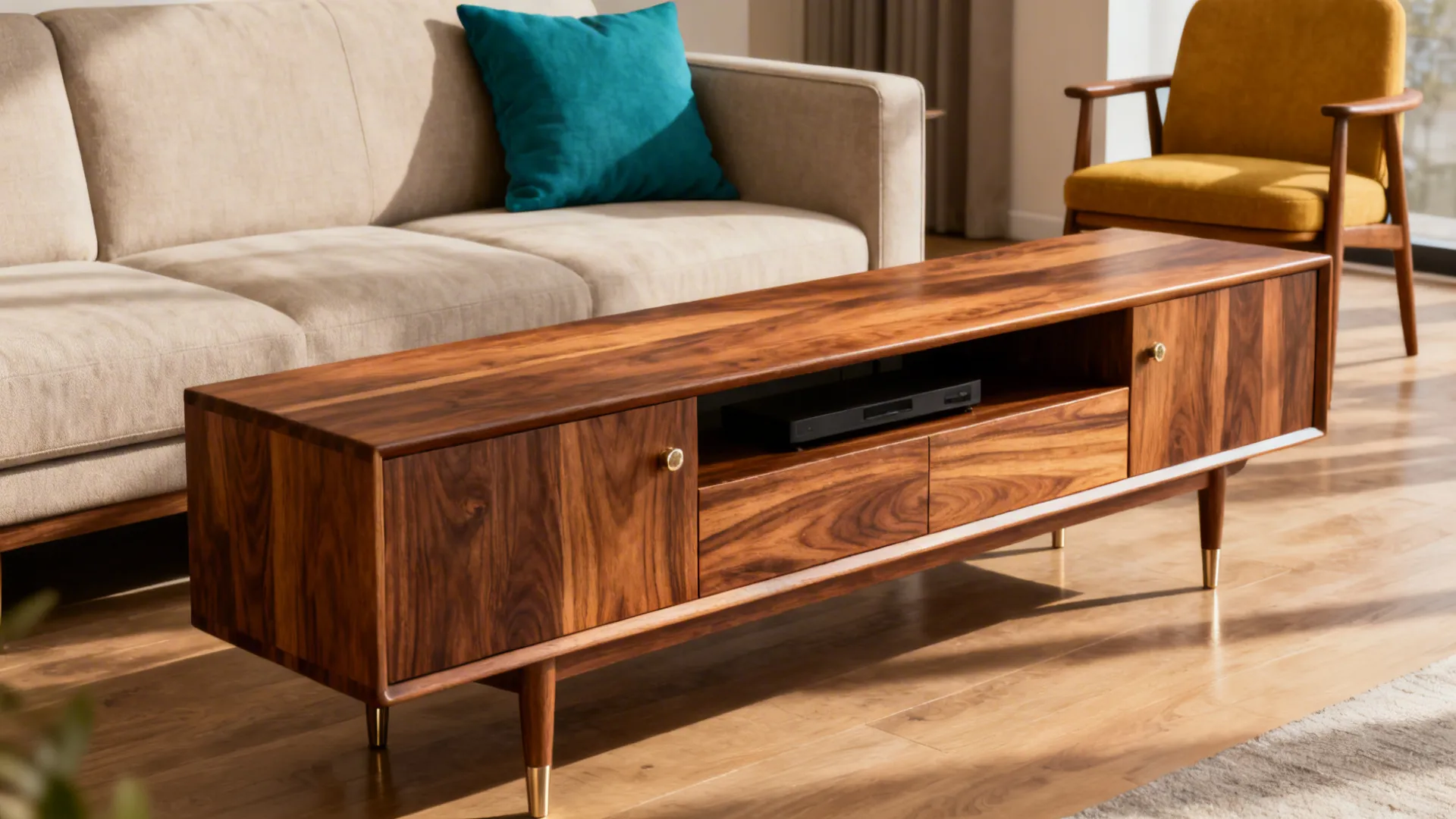 Mid-century living area with walnut furniture and a single teal throw pillow for a subtle color pop.