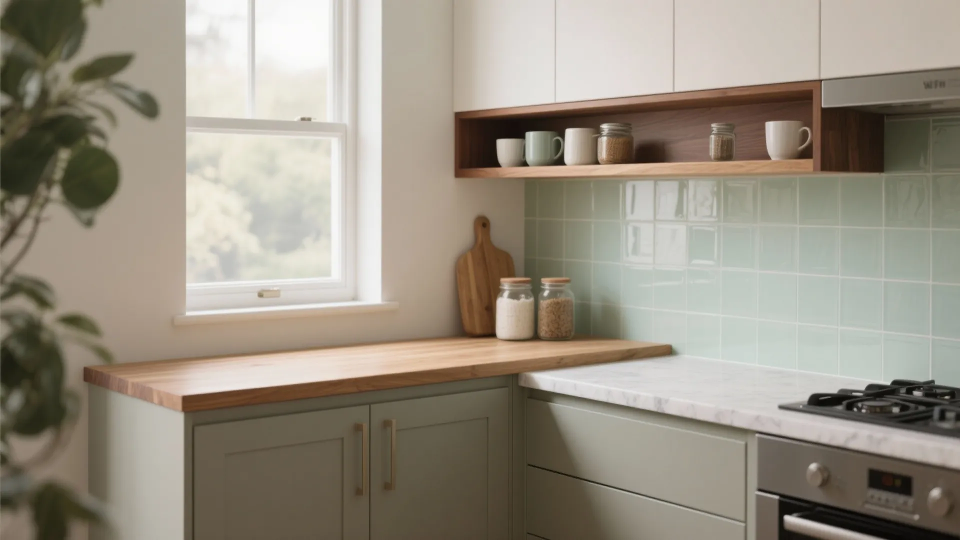 Kitchen interior design showing wood and marble counters with green wall tiles and open wood shelves
