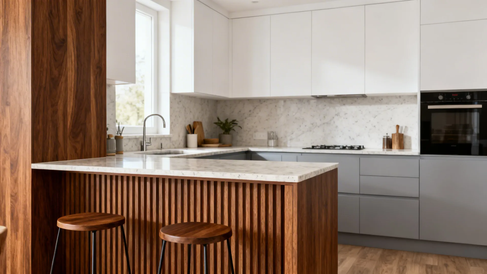 Modern kitchen with walnut fluted wood-look accents, grey bases, white uppers, and quartz counters.