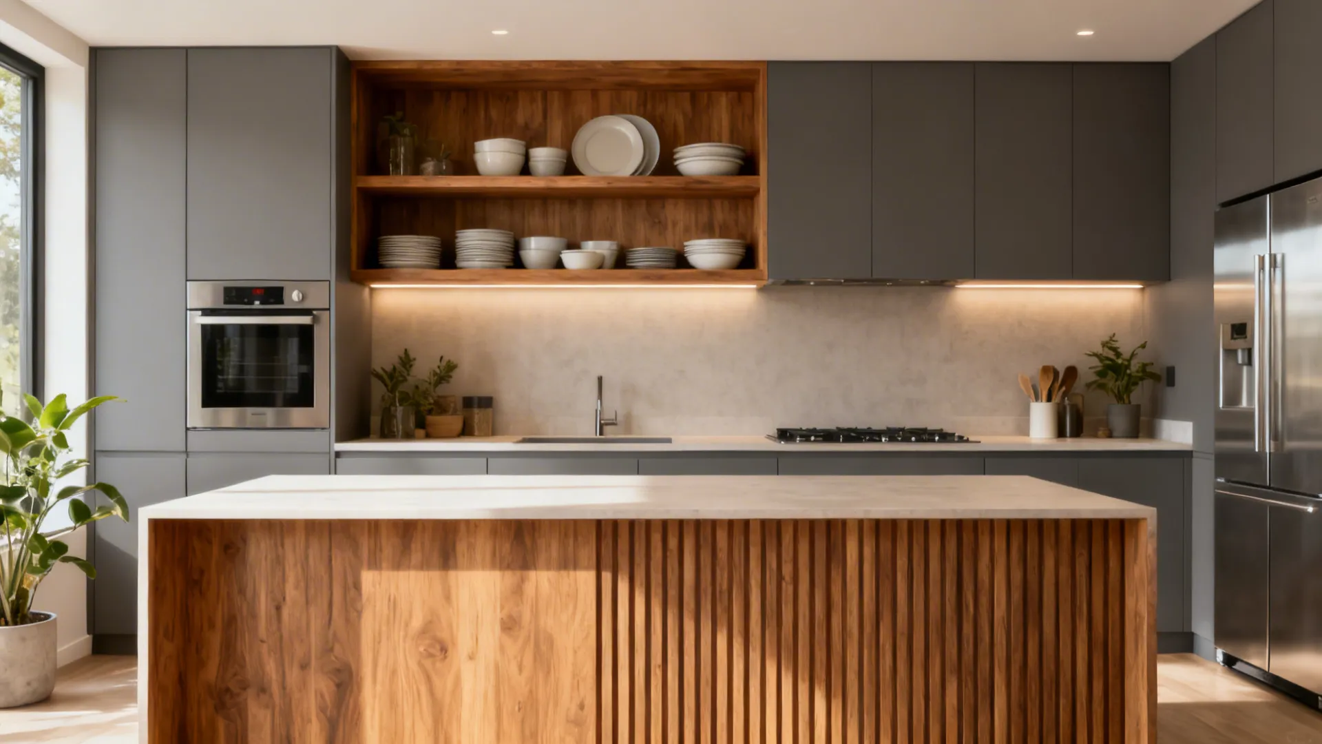 Modern small kitchen with oak shelves and wood panel accents adding warmth to gray cabinetry.