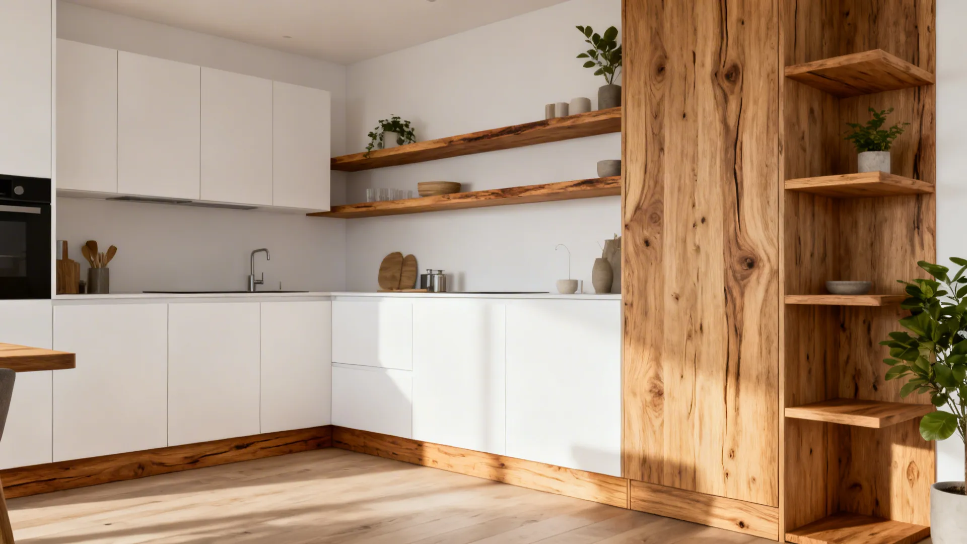 Modern L-shaped kitchen with matte white cabinets and rift-sawn oak shelves and toe-kick.