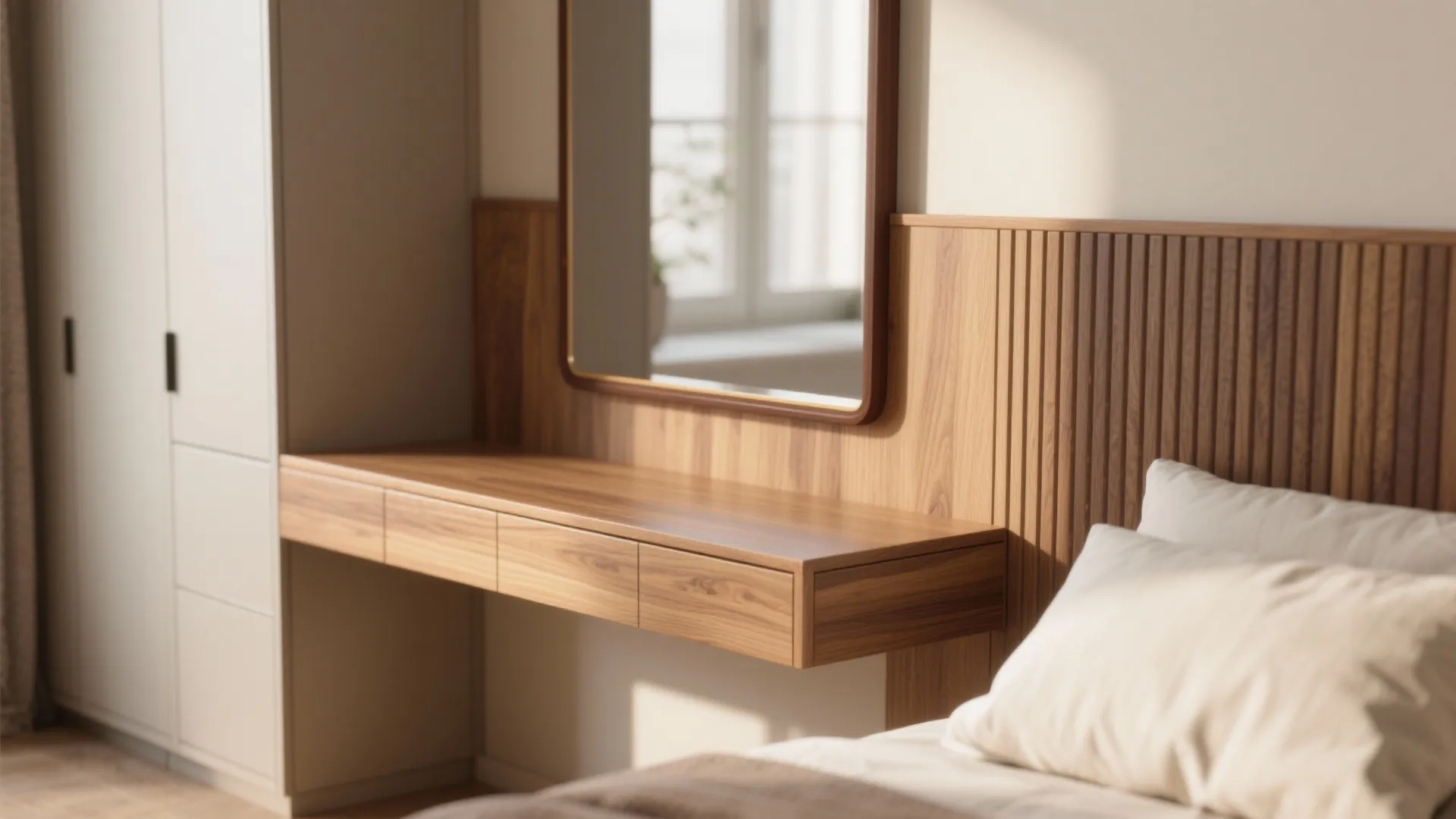 Warm wood accents, cool storage discipline