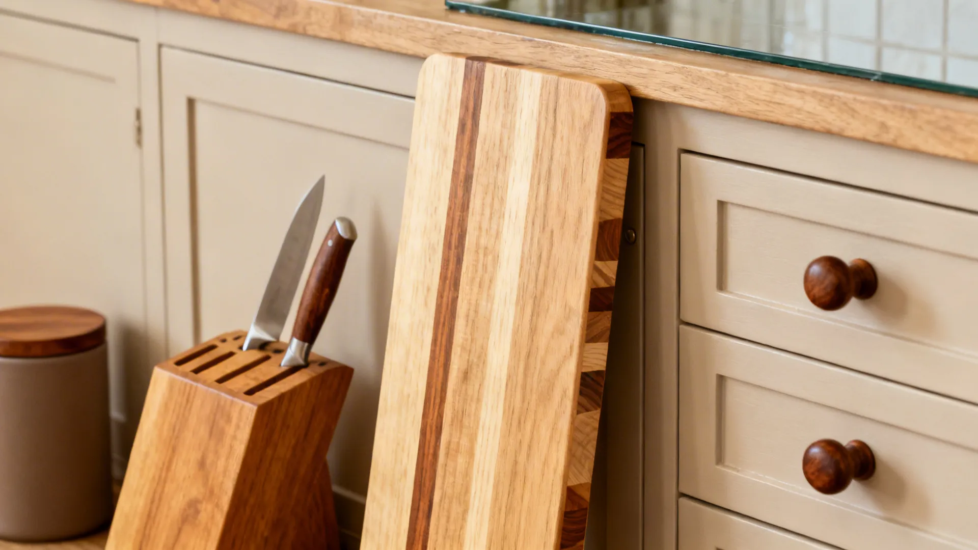 Wooden cutting board leaning against kitchen cabinets next to a wood knife block and round knobs