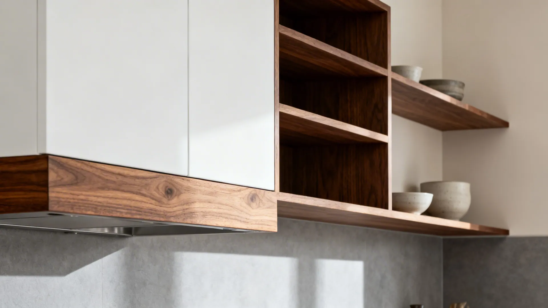 Close-up of walnut shelves and wood-wrapped hood warming a modern white kitchen.