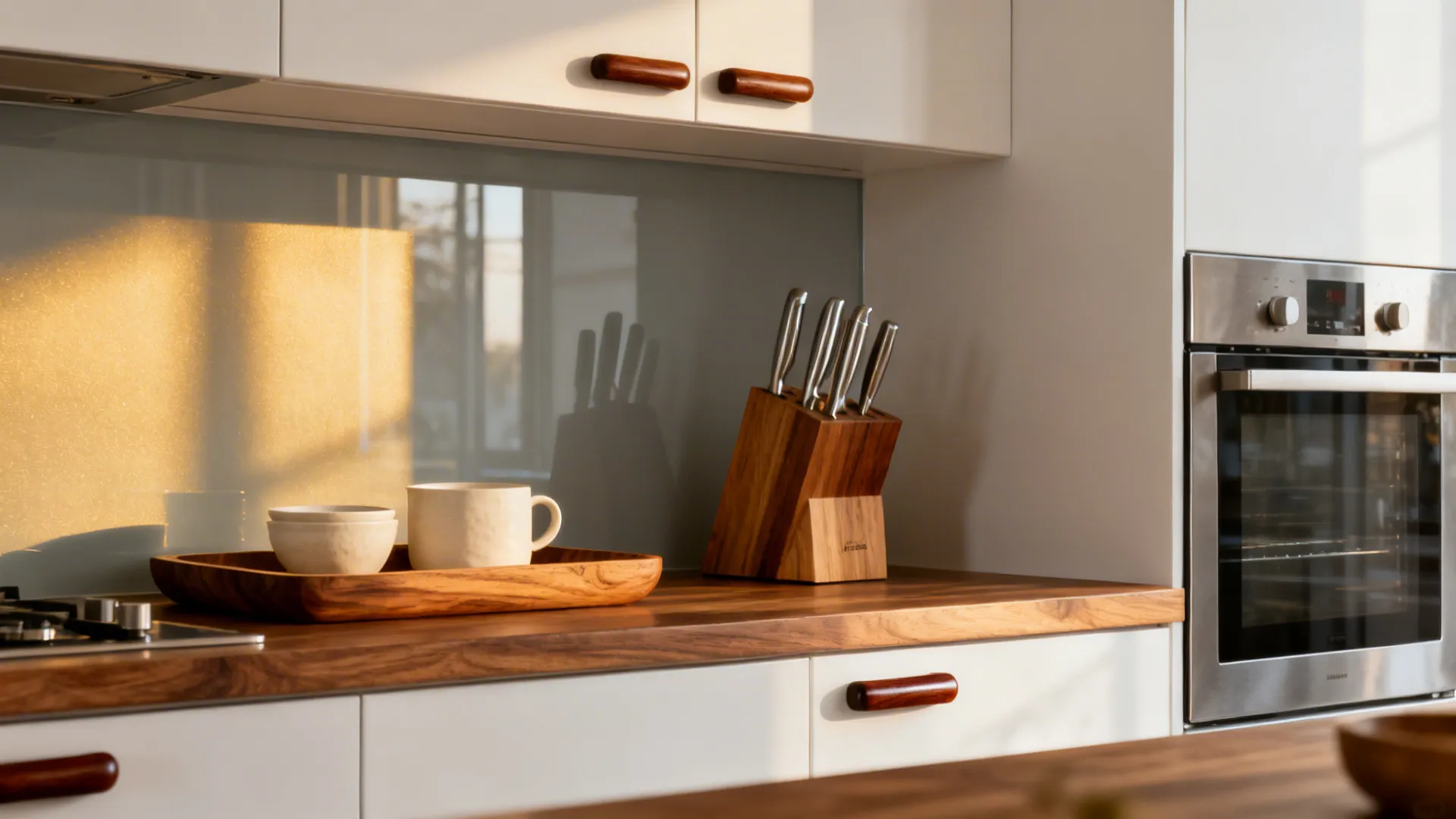 Modern kitchen counter with wooden surface white cabinets wooden handles knife block mugs and oven
