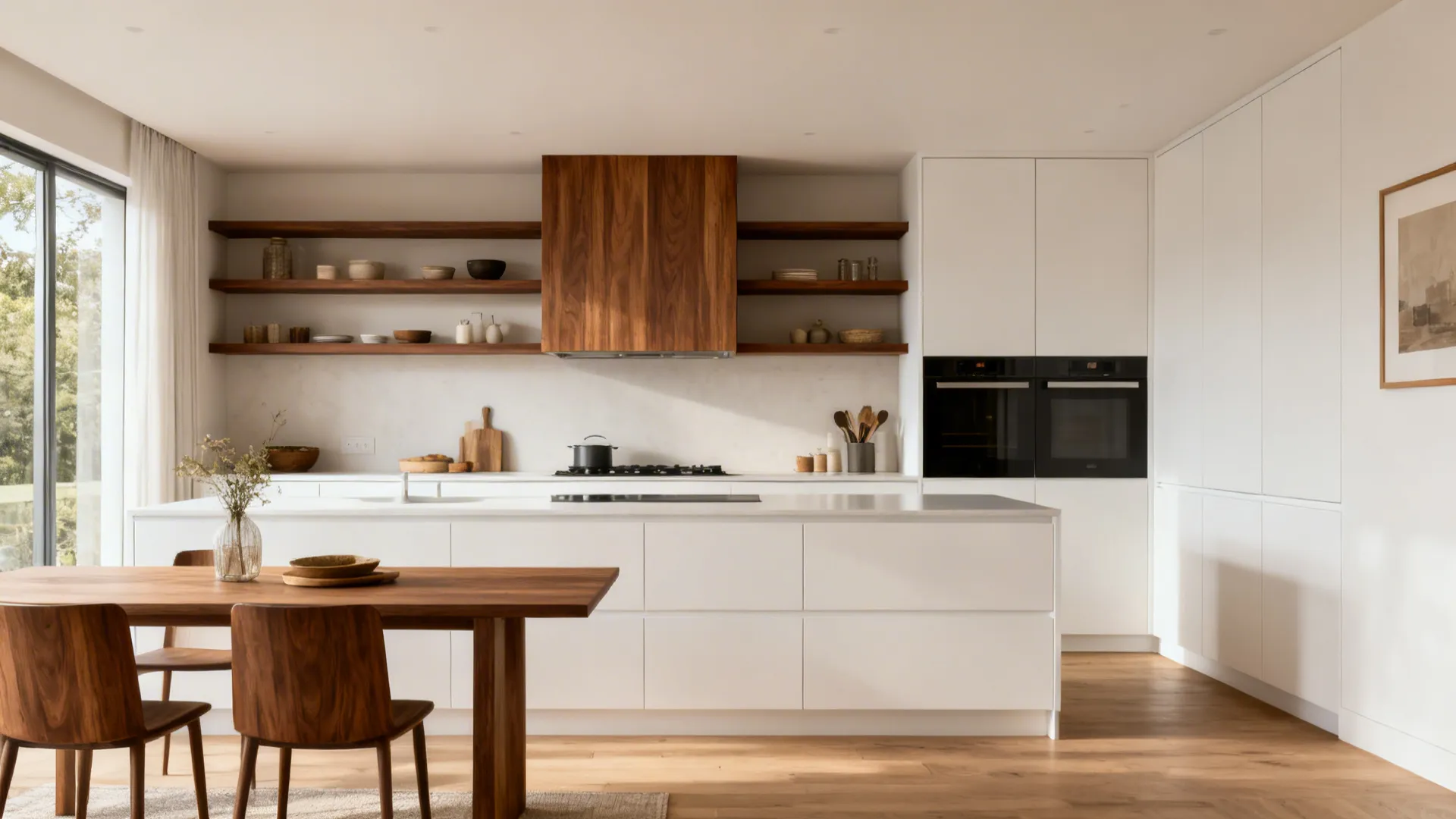 Modern 10x16 kitchen with white cabinets, walnut shelves, and a wood-wrapped hood.