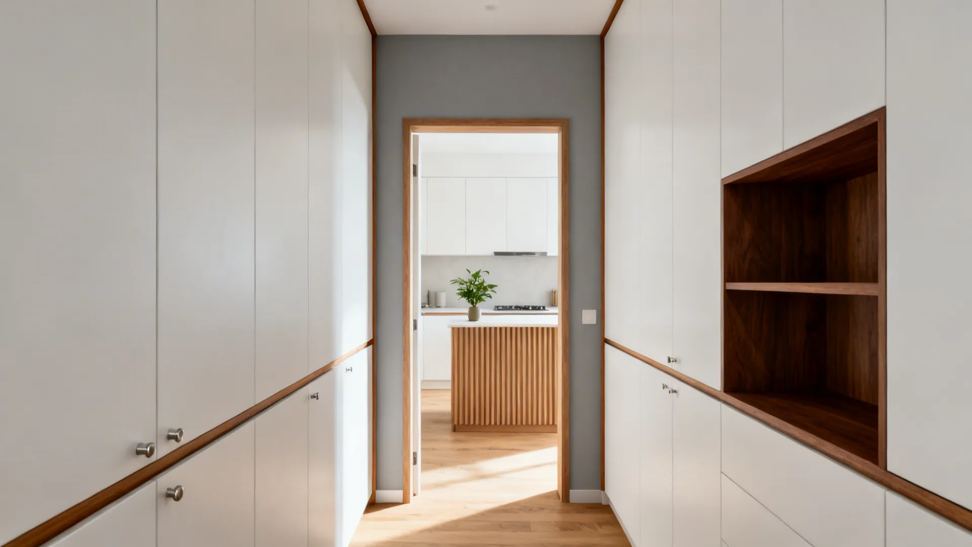 Hall and kitchen connected by oak trims, a walnut shelf, and a fluted ash peninsula with matte white cabinets.