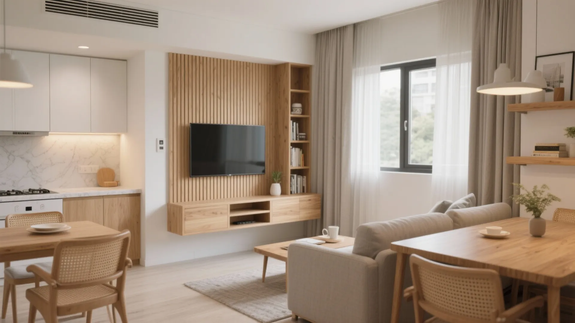 Warm wood accents that soften modern minimalism