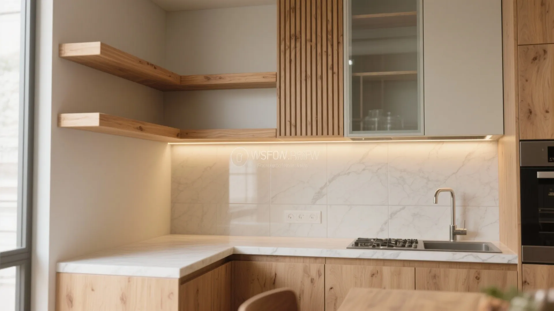 Small modern kitchen with oak shelves and warm trims under soft LED lighting.