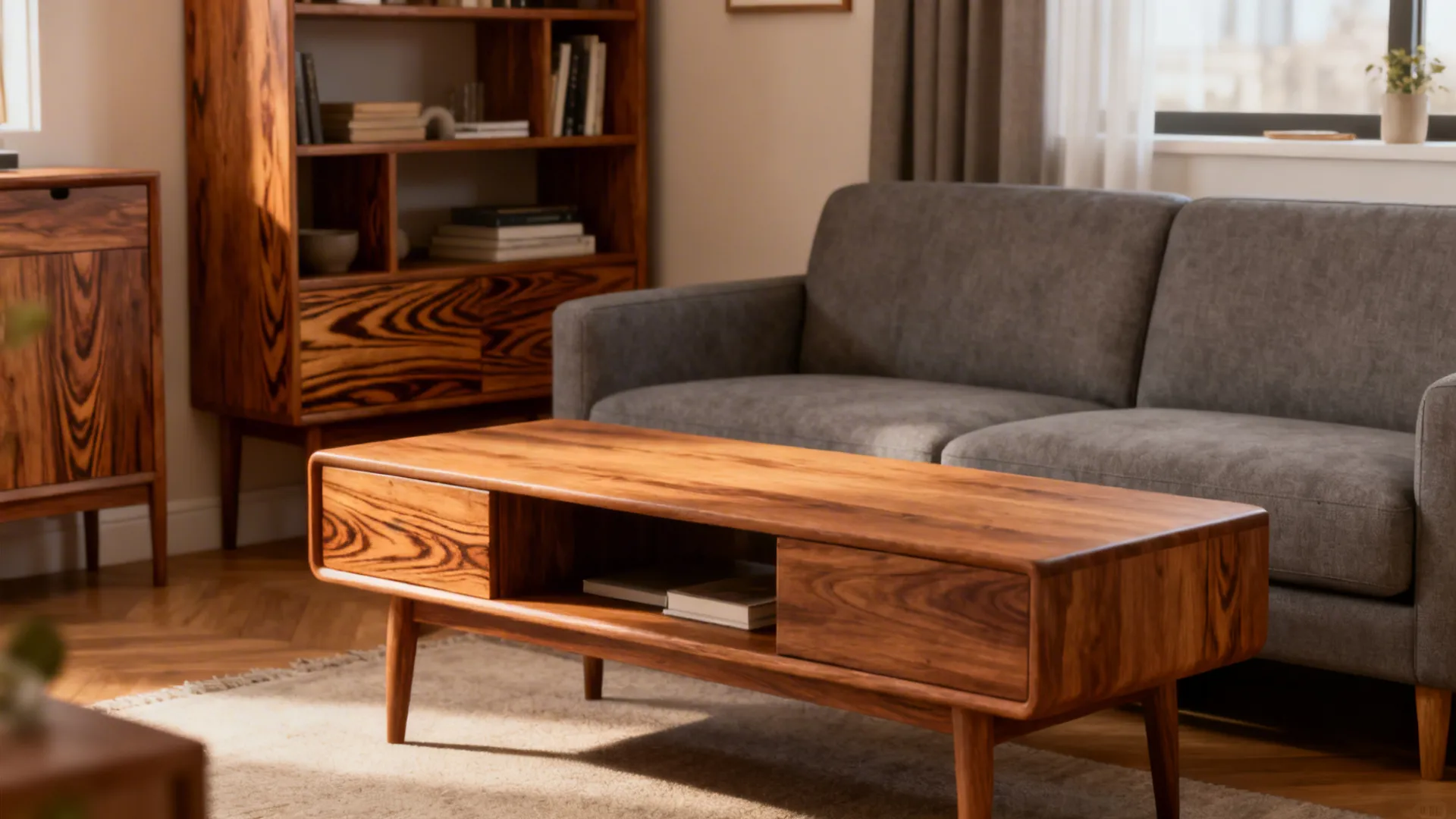 Grey sofa paired with warm wood coffee table and shelving creating a softened, lived-in look.