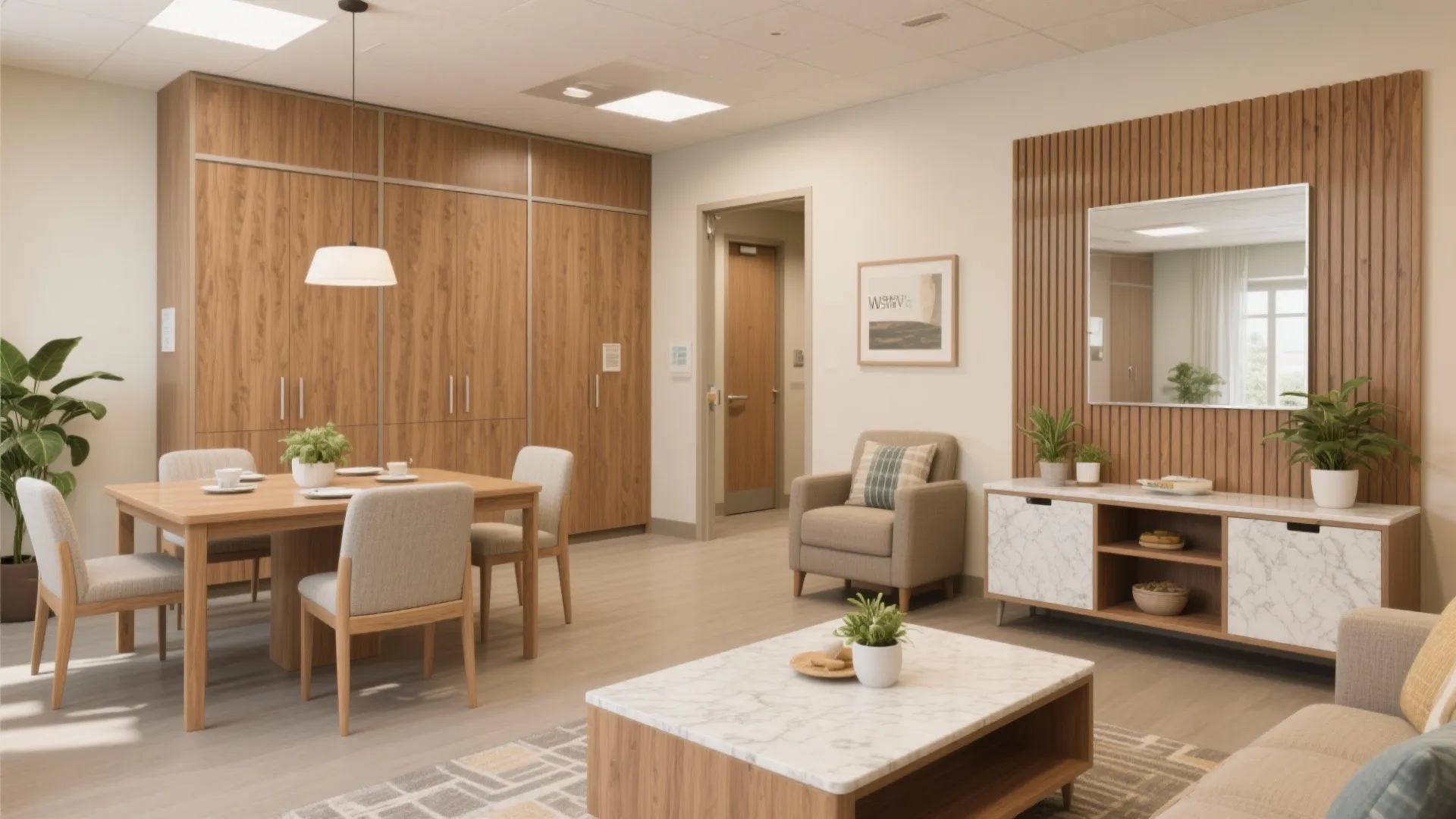 3) Warm wood accents with antimicrobial surfaces