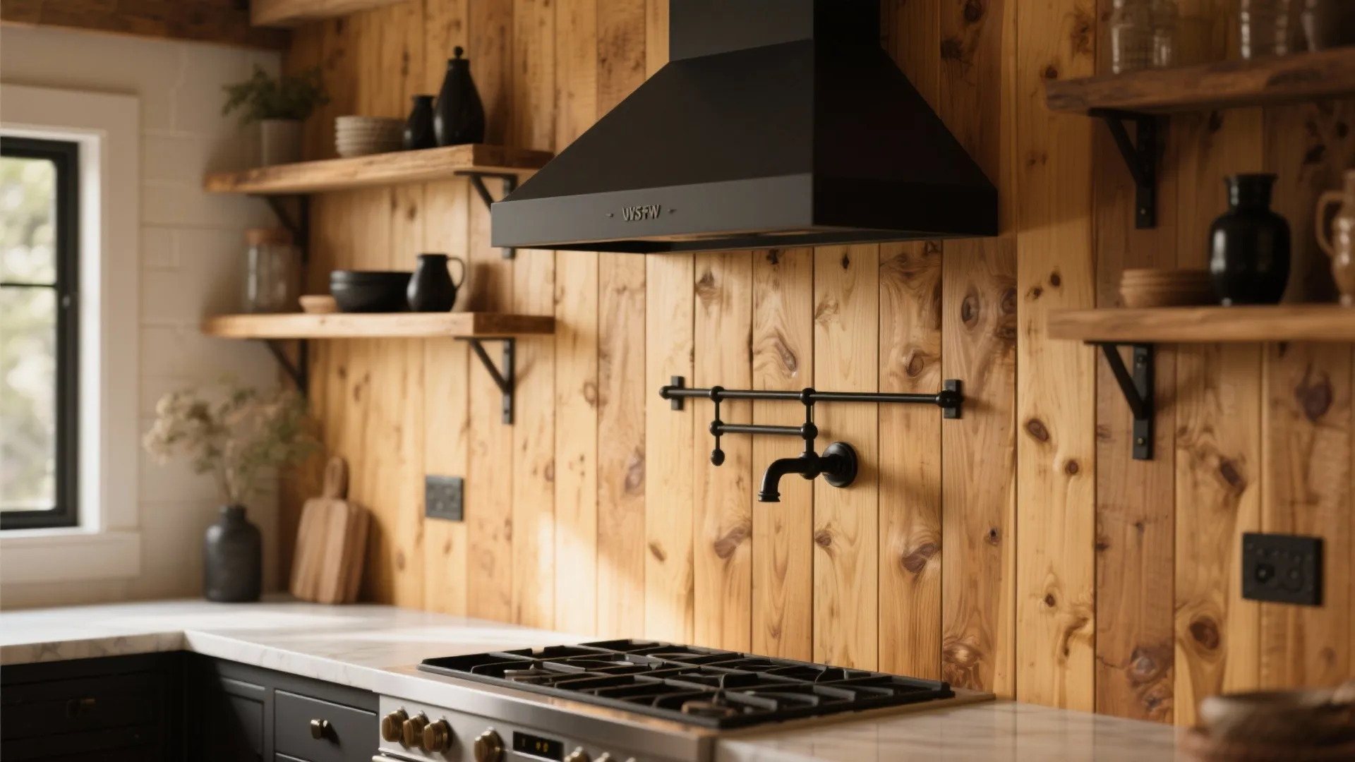 Rustic kitchen with wood wall panel, black stove hood, open wooden shelves, and marble countertop