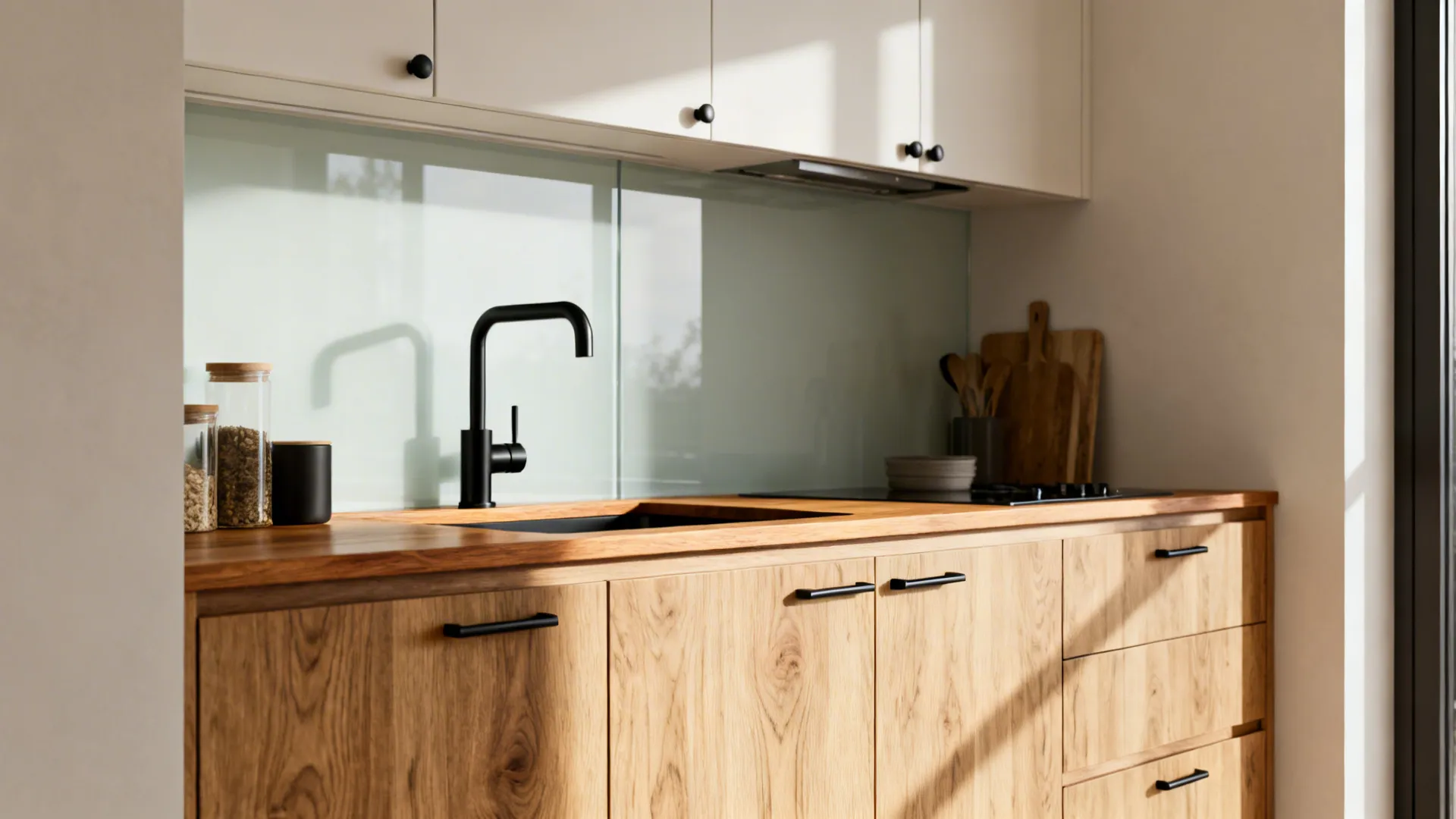Compact kitchen with rift-cut oak lowers, pale walls, and matte hardware for balance.