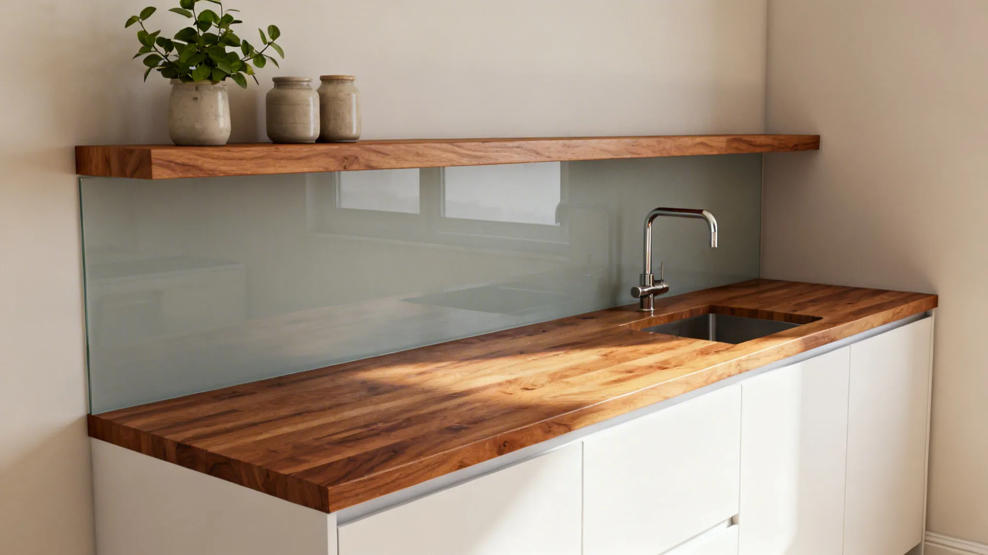 Small kitchen with an oak worktop and a single oak shelf balanced by light cabinets and a gray glass backsplash.