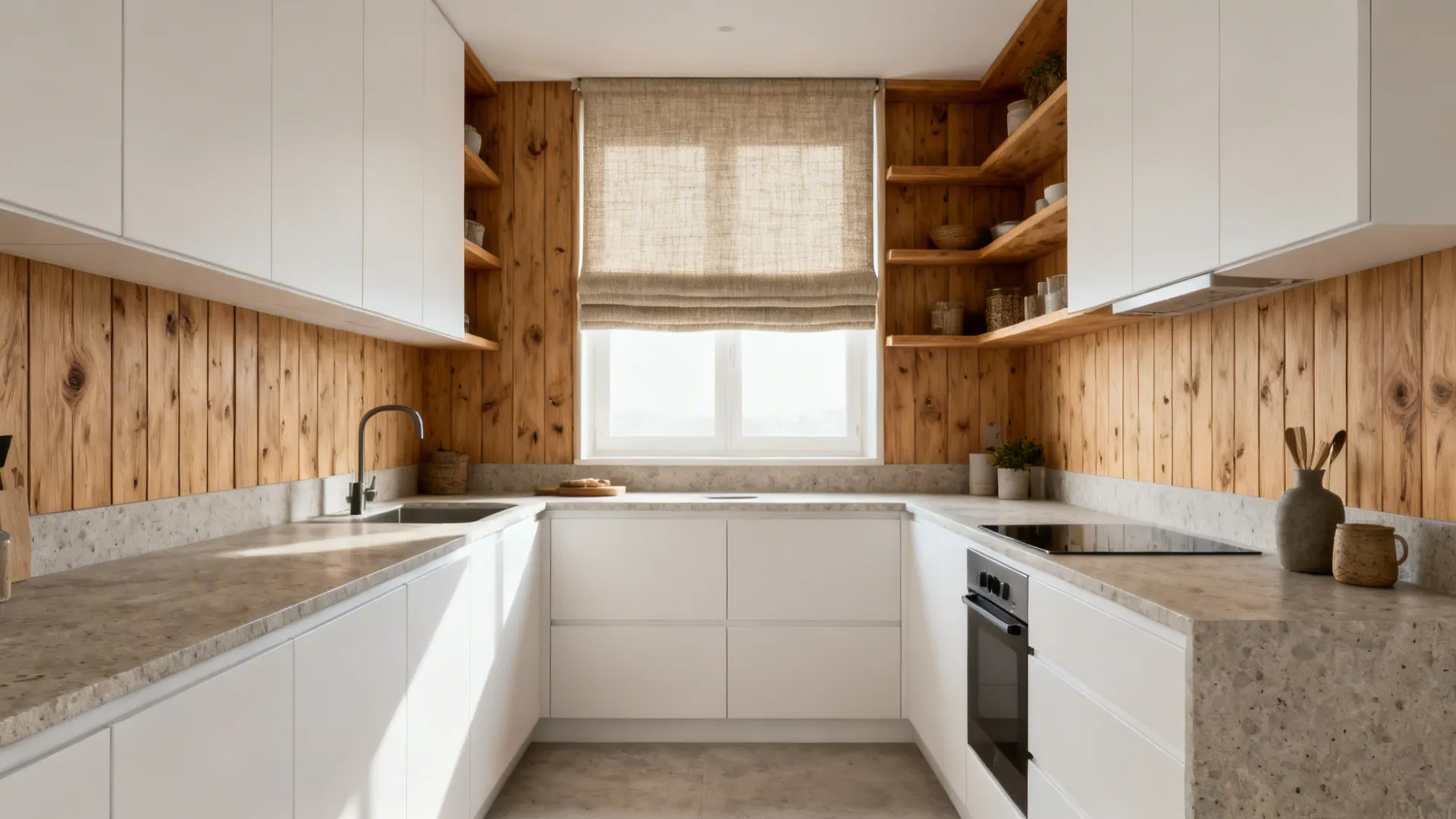 Small Scandinavian-style kitchen with white fronts, rift-cut oak, and a linen roman shade.
