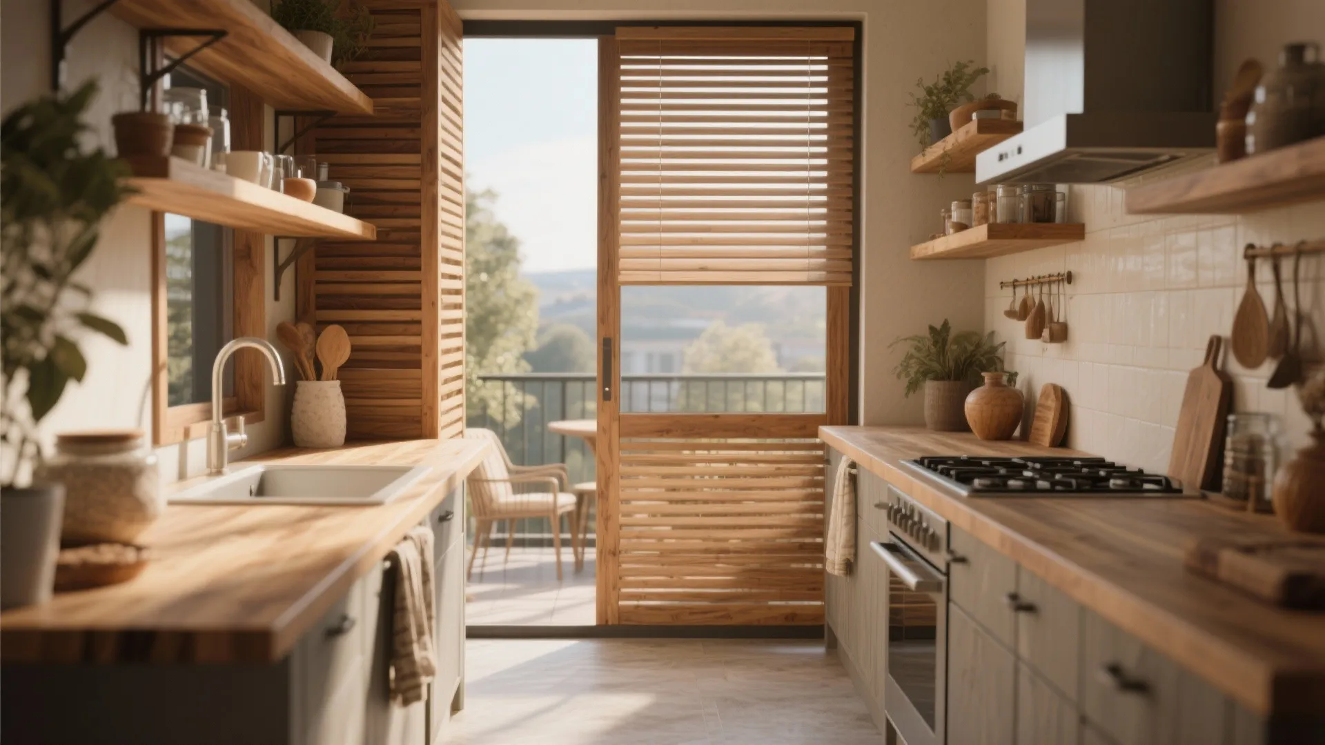 Rustic kitchen with wooden countertops sink stove and open glass door leading to sunny balcony