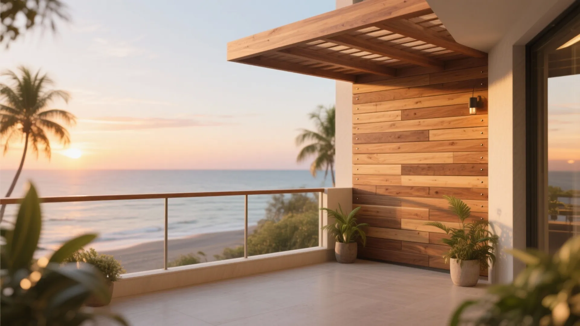 Luxury balcony with wooden wall panel and ceiling overlooking the ocean during a golden sunset