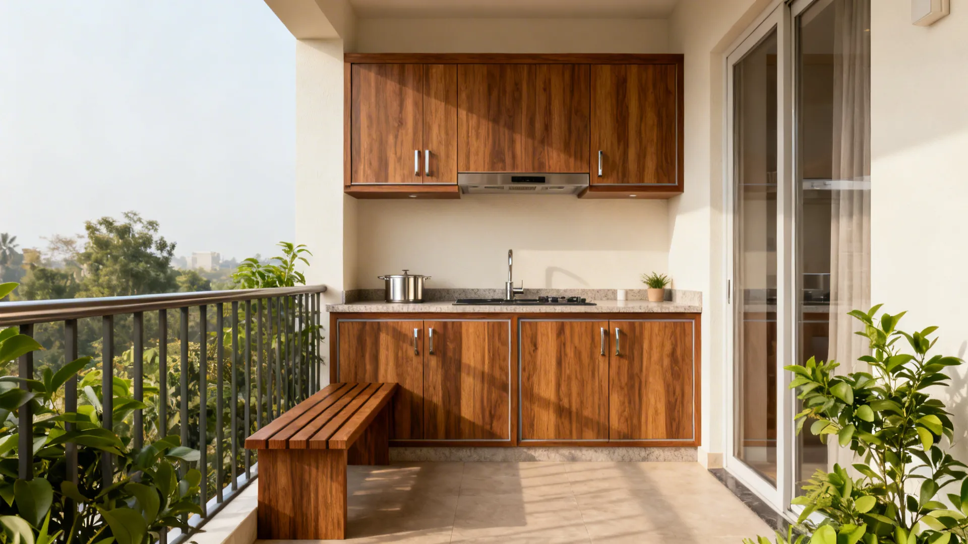 Dry balcony with wood-look laminates, compact laminate trims, and coordinated finishes.
