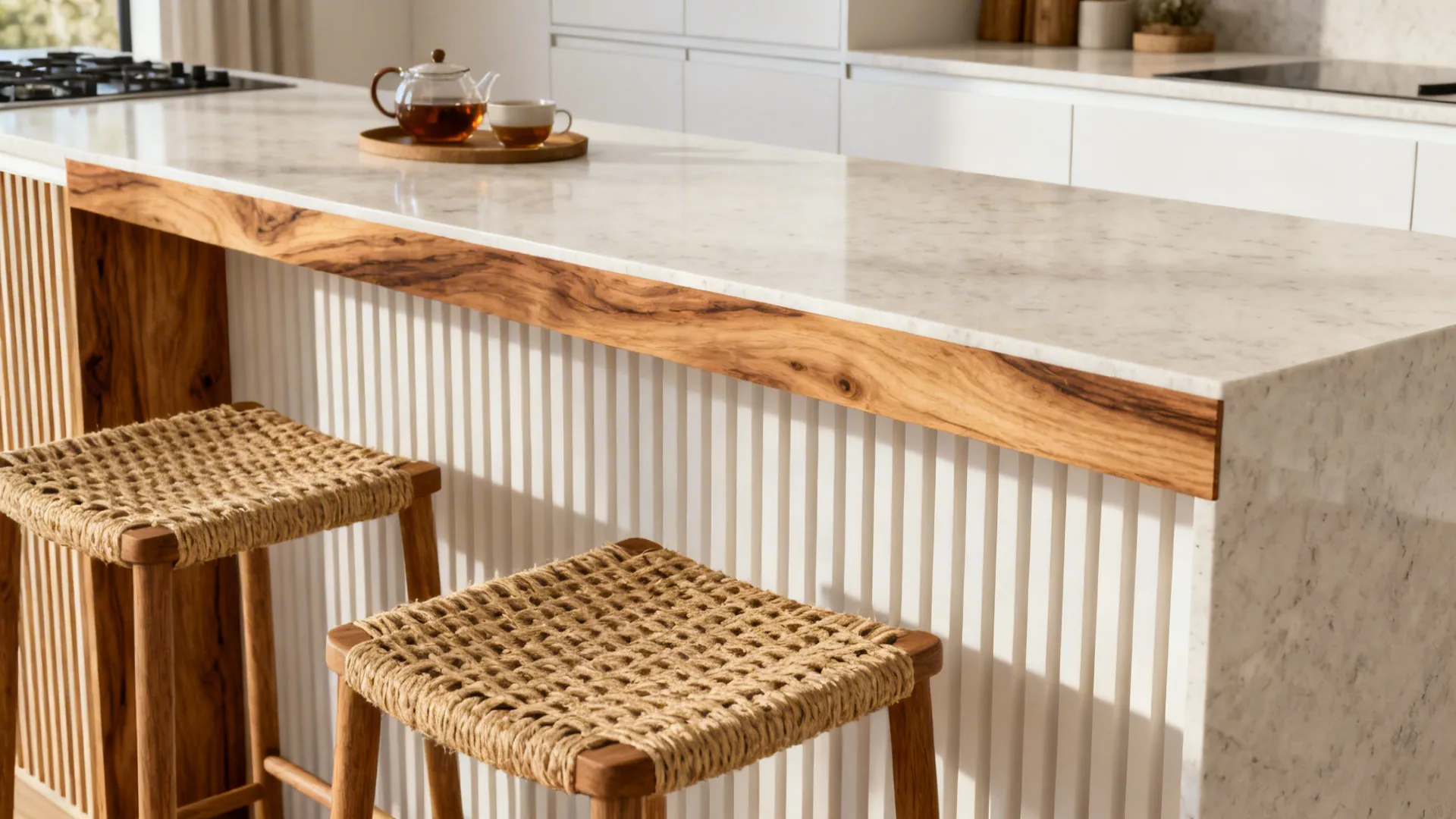 Marble kitchen island with wood trim detail and two woven wooden stools in bright sunlit room