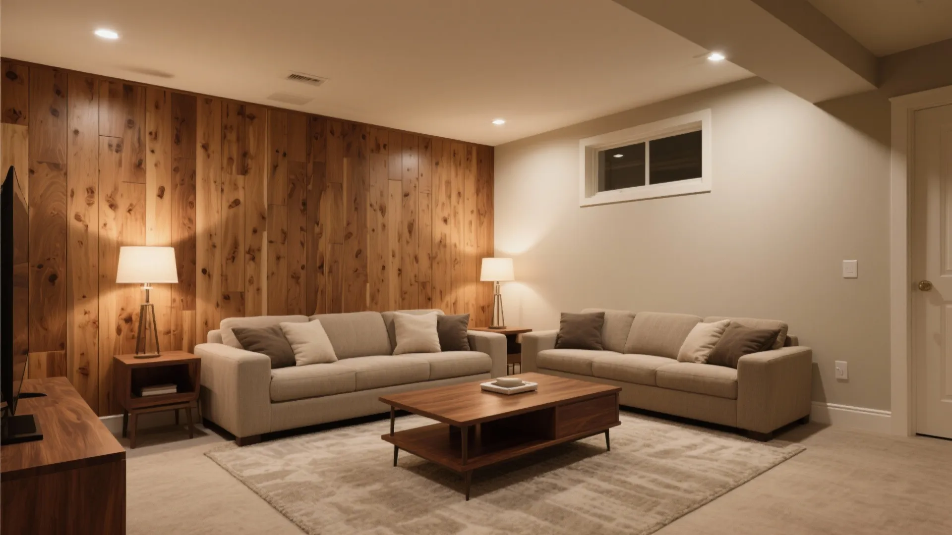 Basement living room featuring warm wood elements