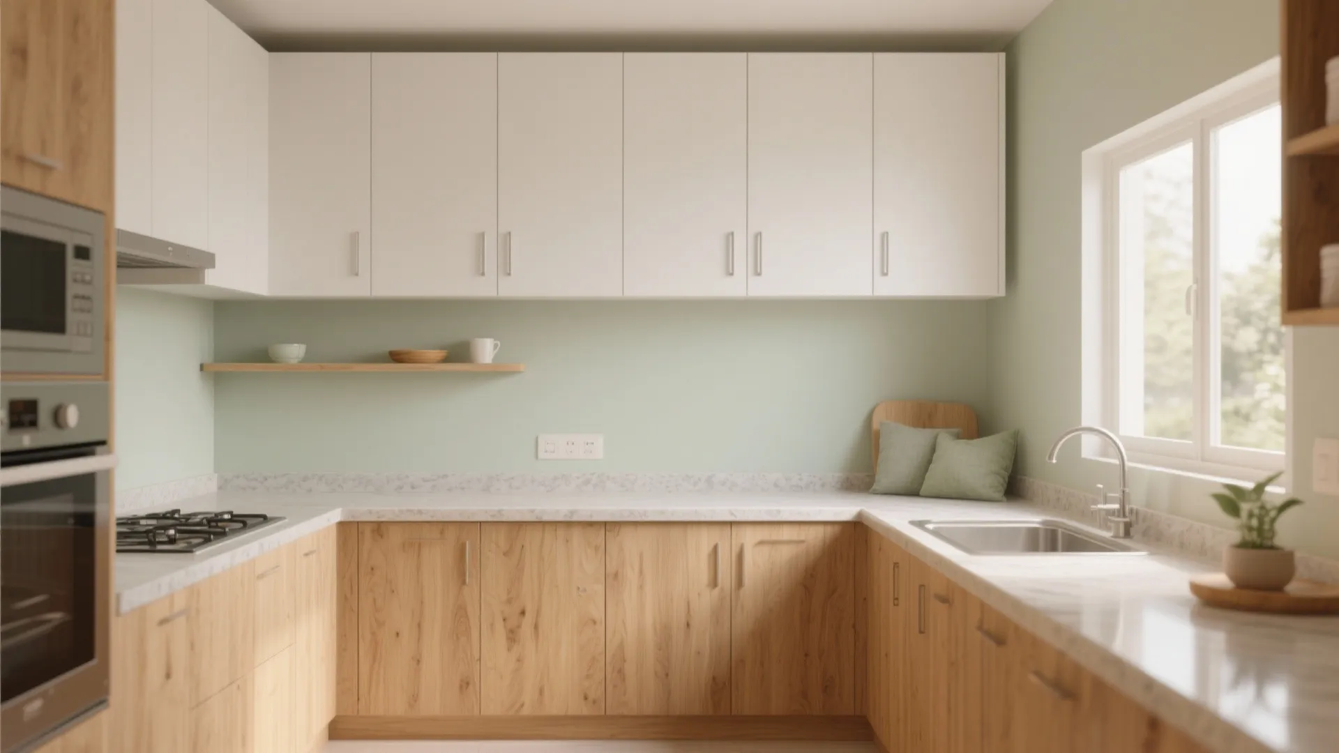 Bright kitchen with wood lower cabinets and white upper cabinets along a light green wall