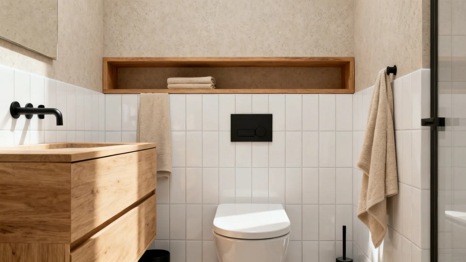 Small bath with a wood vanity and teak ledge adding warmth to minimal finishes.