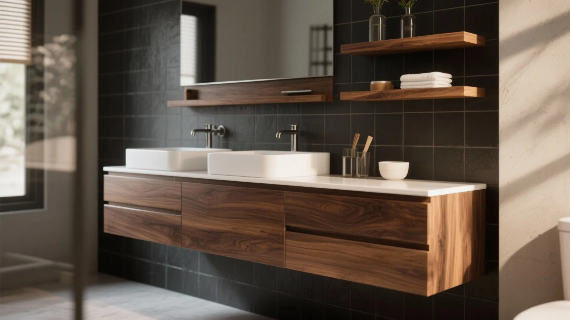 Modern bathroom with double white sinks on wood cabinet and black wall tiles with shelves