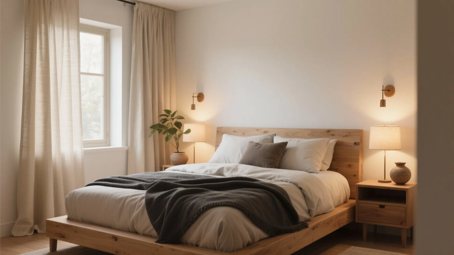 Serene Bedroom with Warm Wood and Soft Light