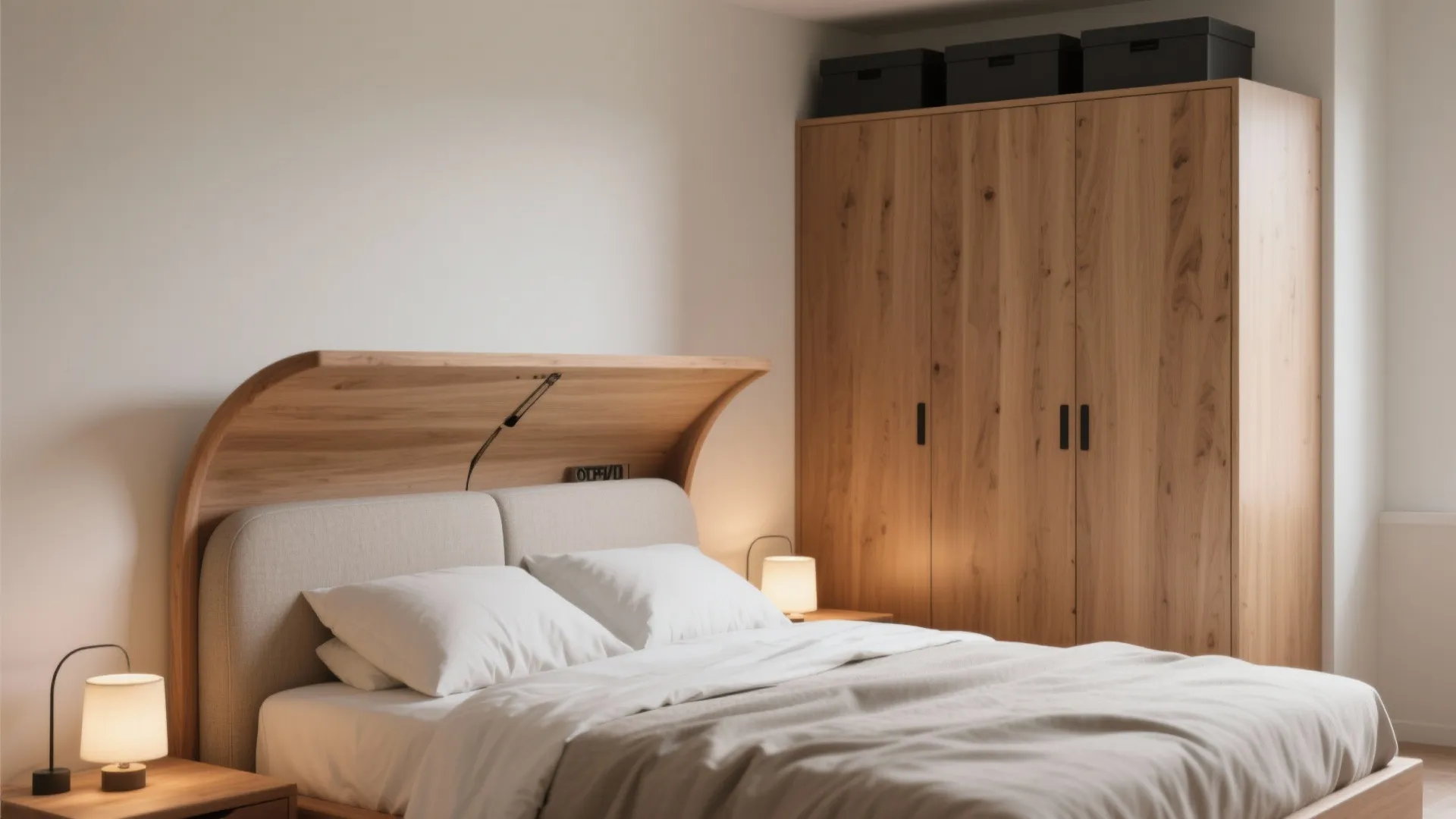 Calm bedroom with warm wood and hidden storage