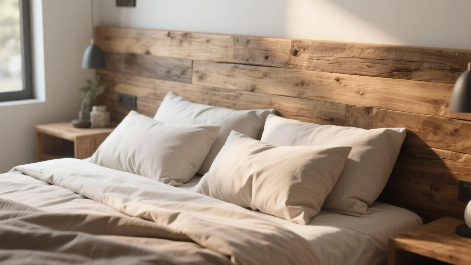 Close up of comfortable bed with white pillows against a rustic natural wood wall panel