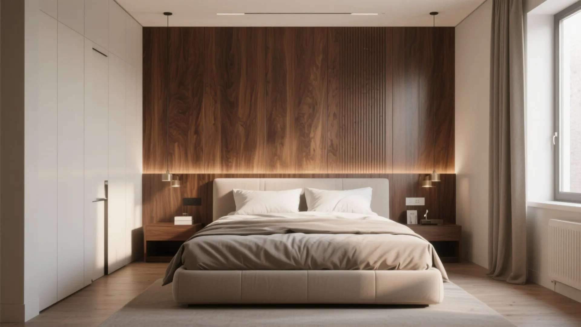 Modern bedroom with dark wood wall panel behind a beige bed and soft warm lighting
