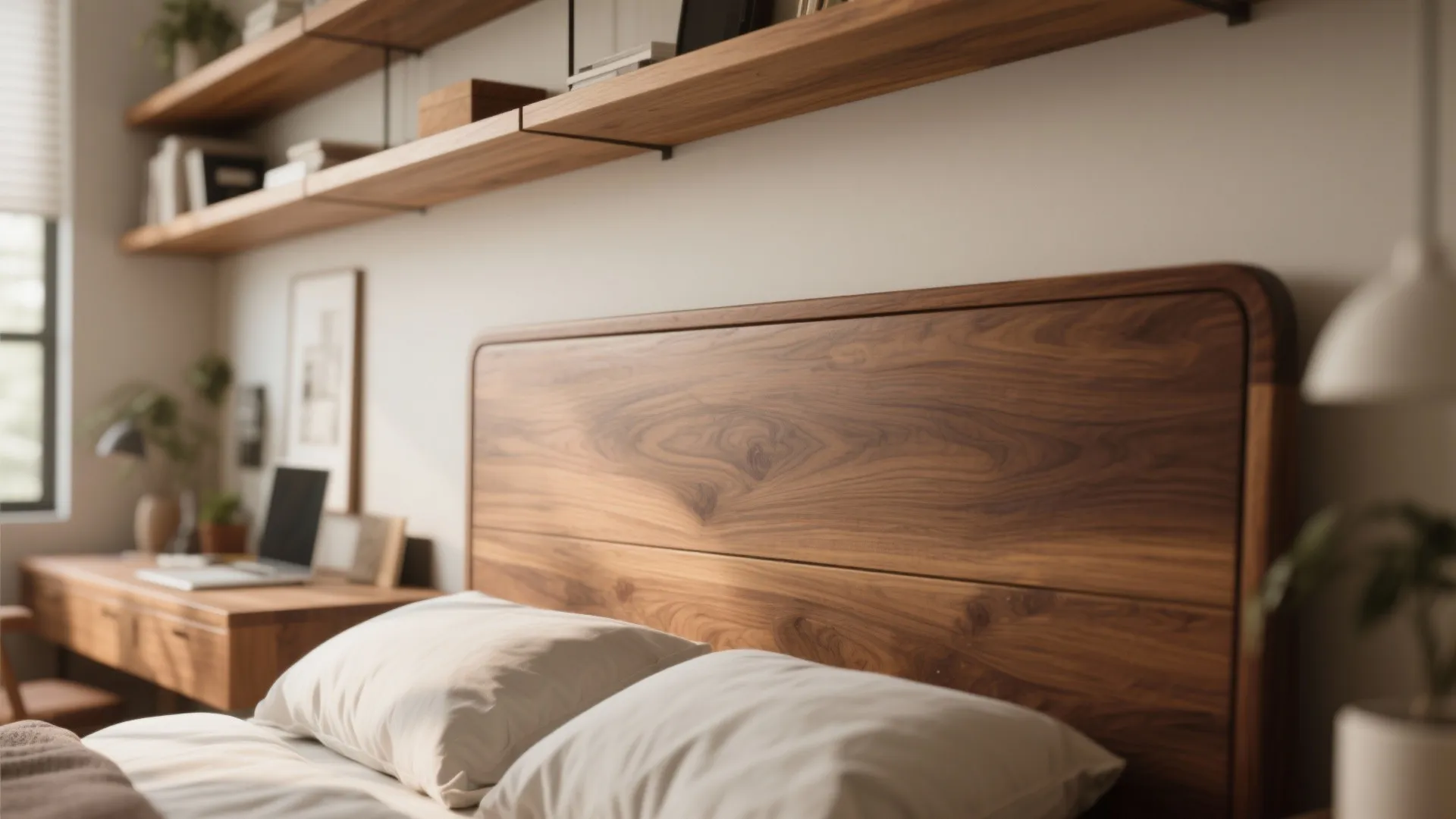 Close up view of wooden bed headboard with white pillows in warm wood themed home office