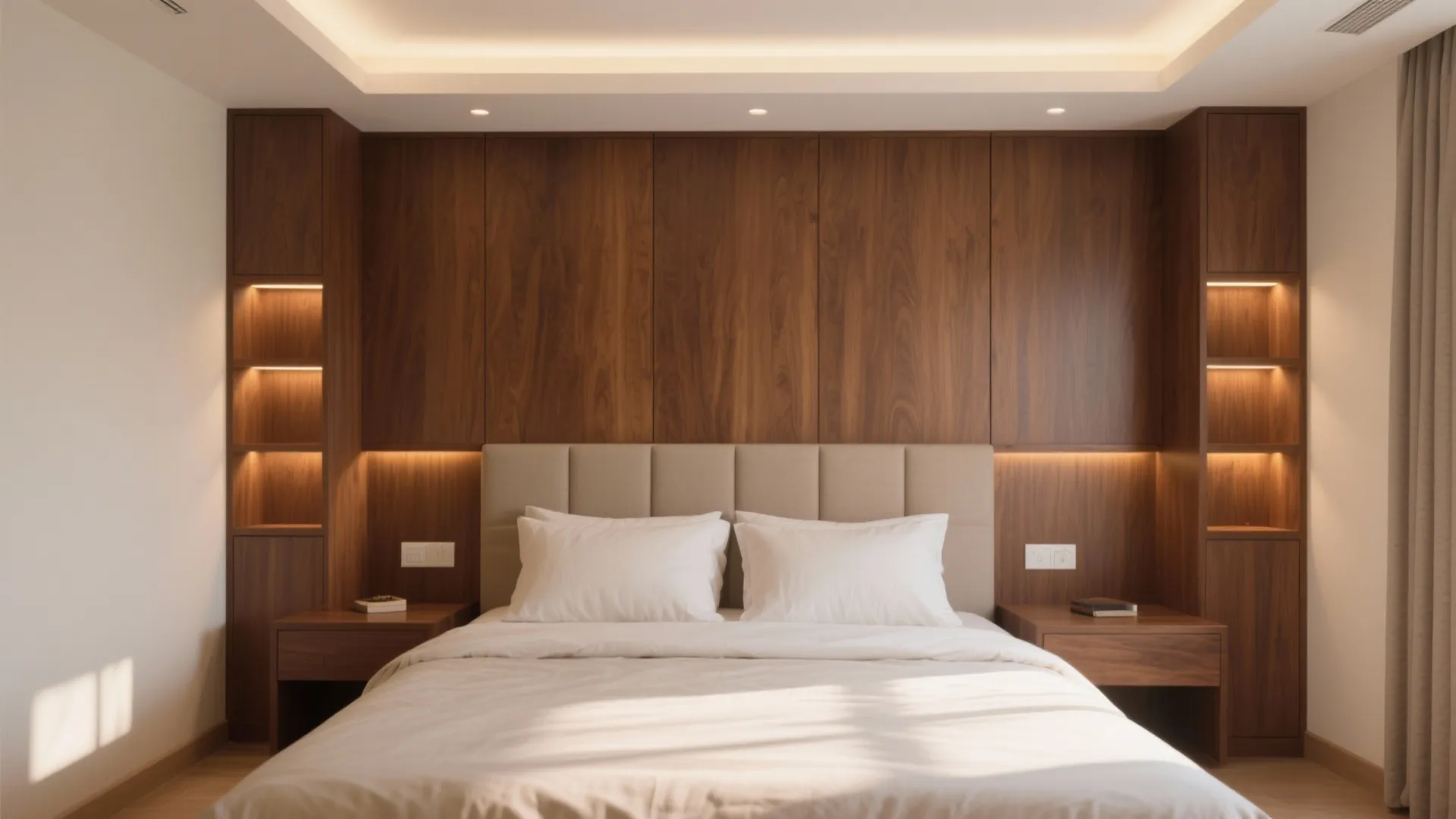 Bedroom calm: warm wood accents and built-in headboards