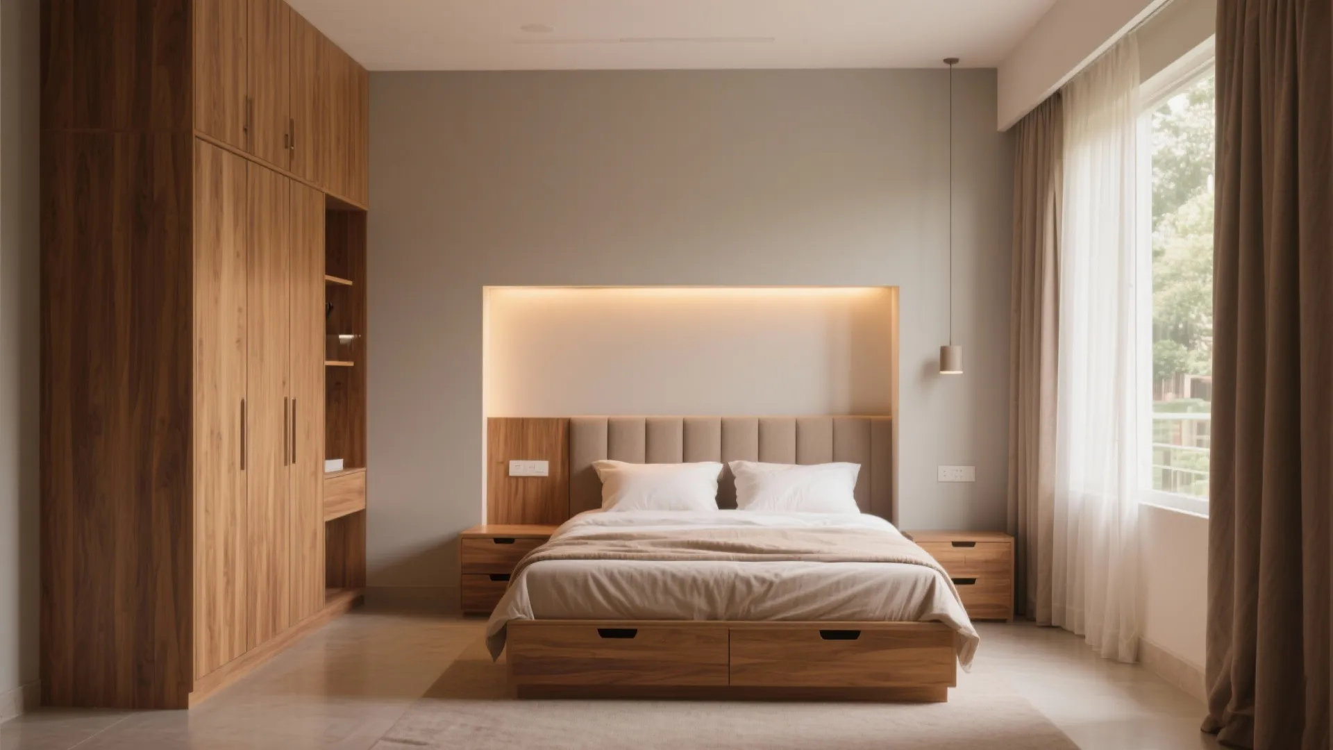 Modern bedroom with wooden wardrobe large bed white pillows warm recessed lighting and long curtains