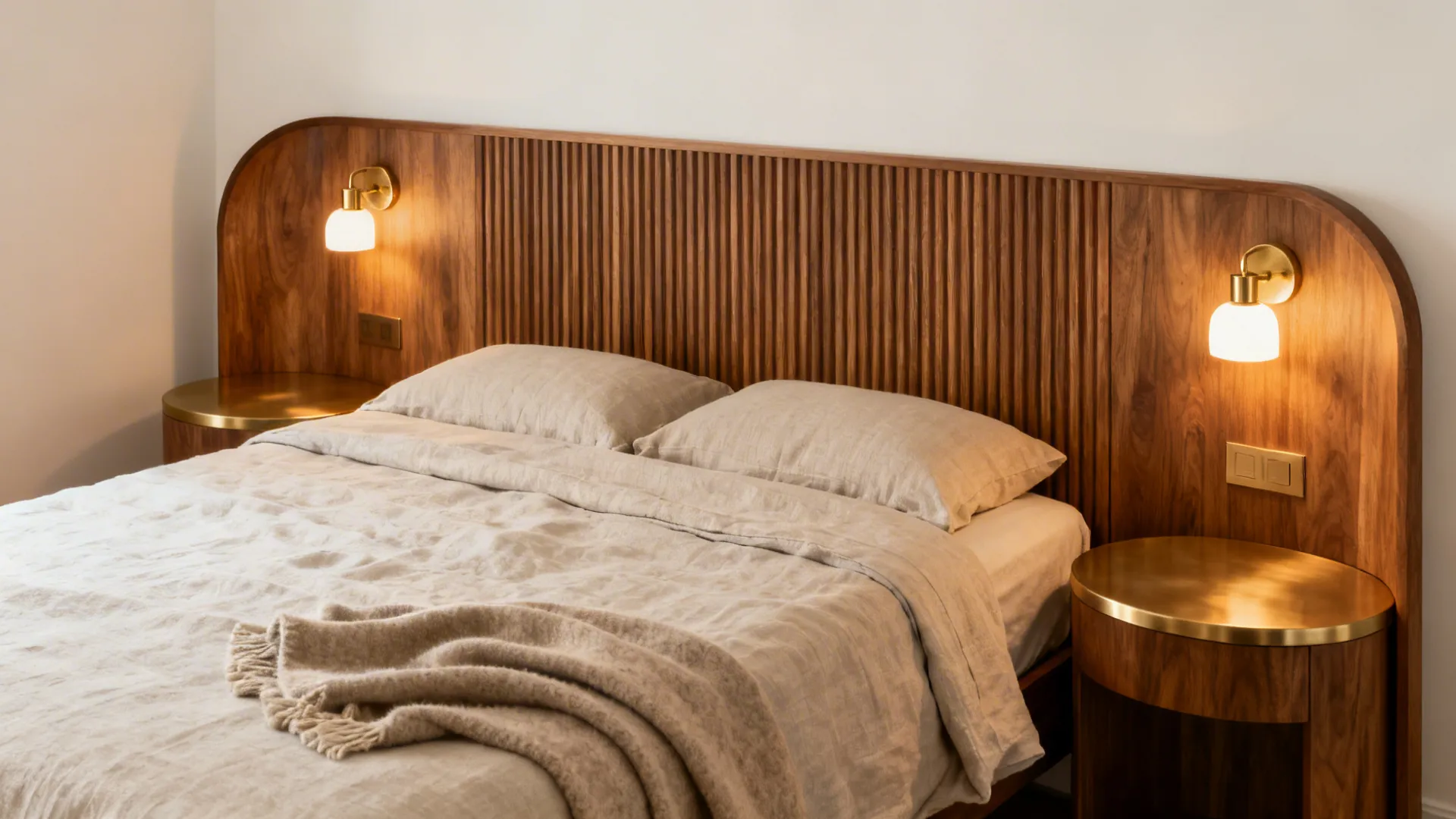 Small bedroom with ribbed oak headboard, linen bedding, and rounded nightstands.