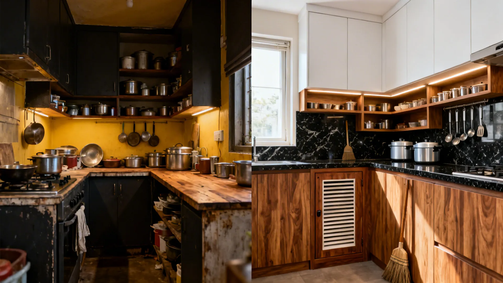 Before-and-after of a small kitchen transformed with warm wood bases and matte white uppers.